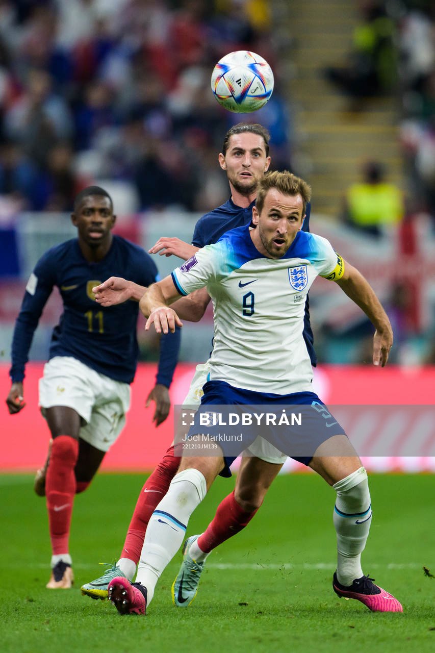 Adrien Rabiot of France and Harry Kane of England during the FIFA World Cup 2022 quarterfinal between England and France on December 10, 2022 in Doha.