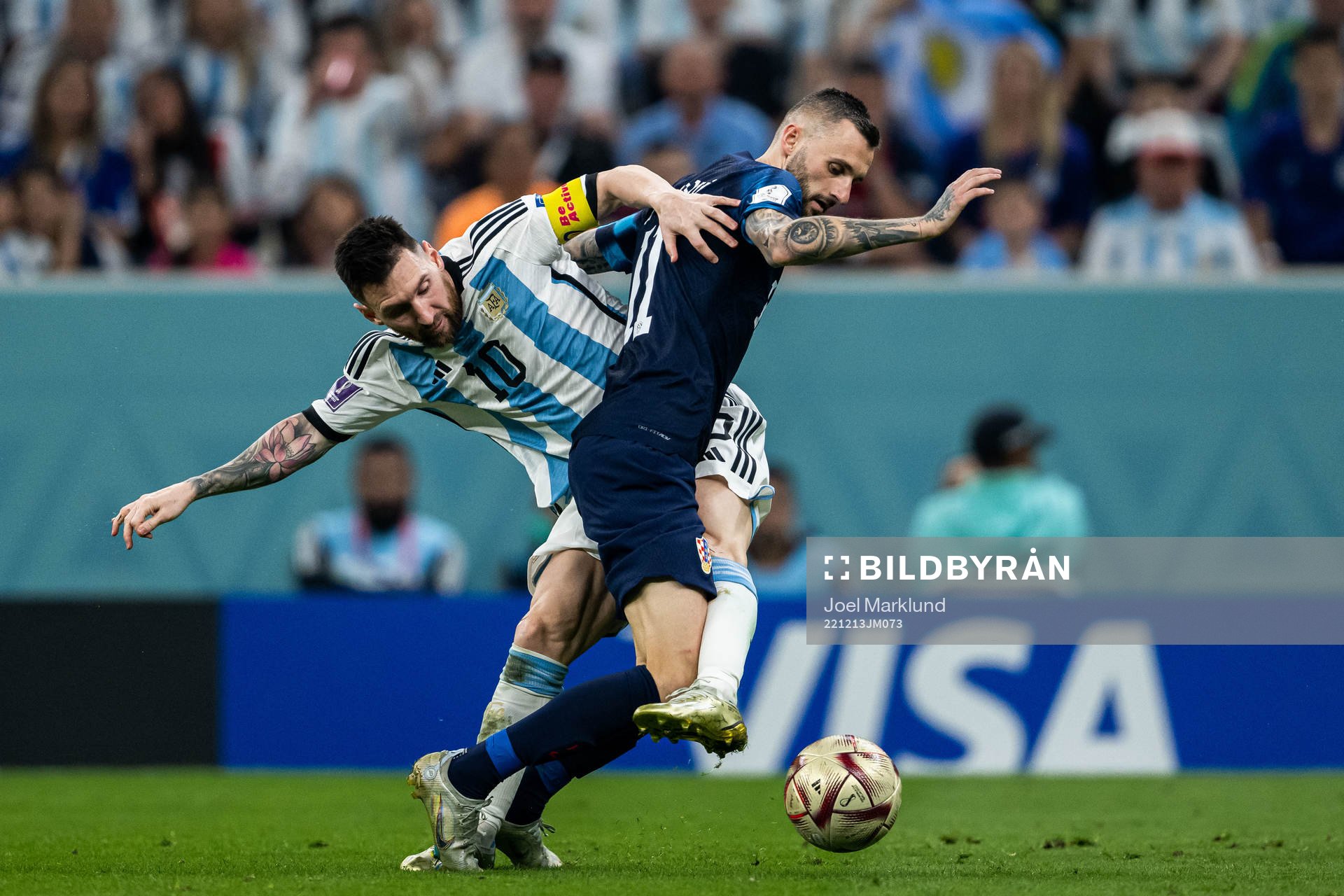 Lionel Messi of Argentina and Marcelo Brozovic of Croatia during the FIFA World Cup 2022 semifinal between Argentina and Croatia on December 13, 2022 in Doha. 