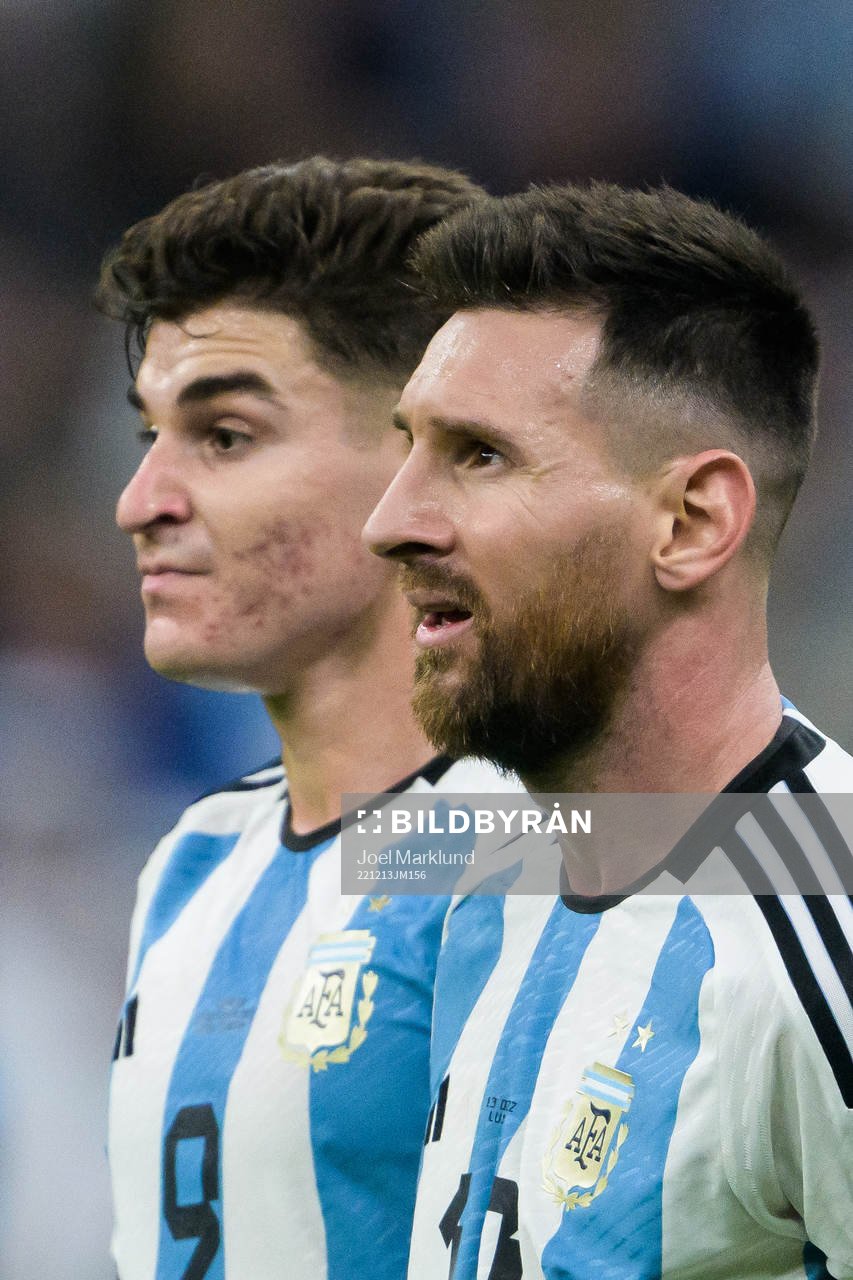 Julian Alvarez and Lionel Messi of Argentina