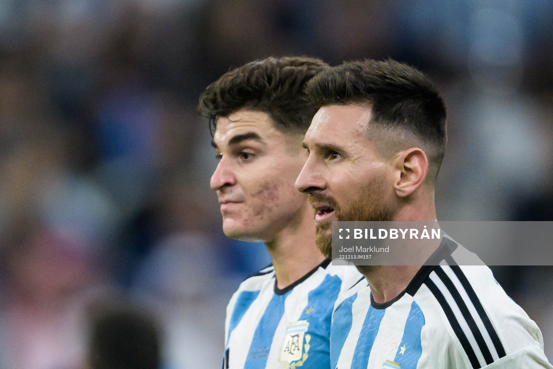 Julian Alvarez and Lionel Messi of Argentina