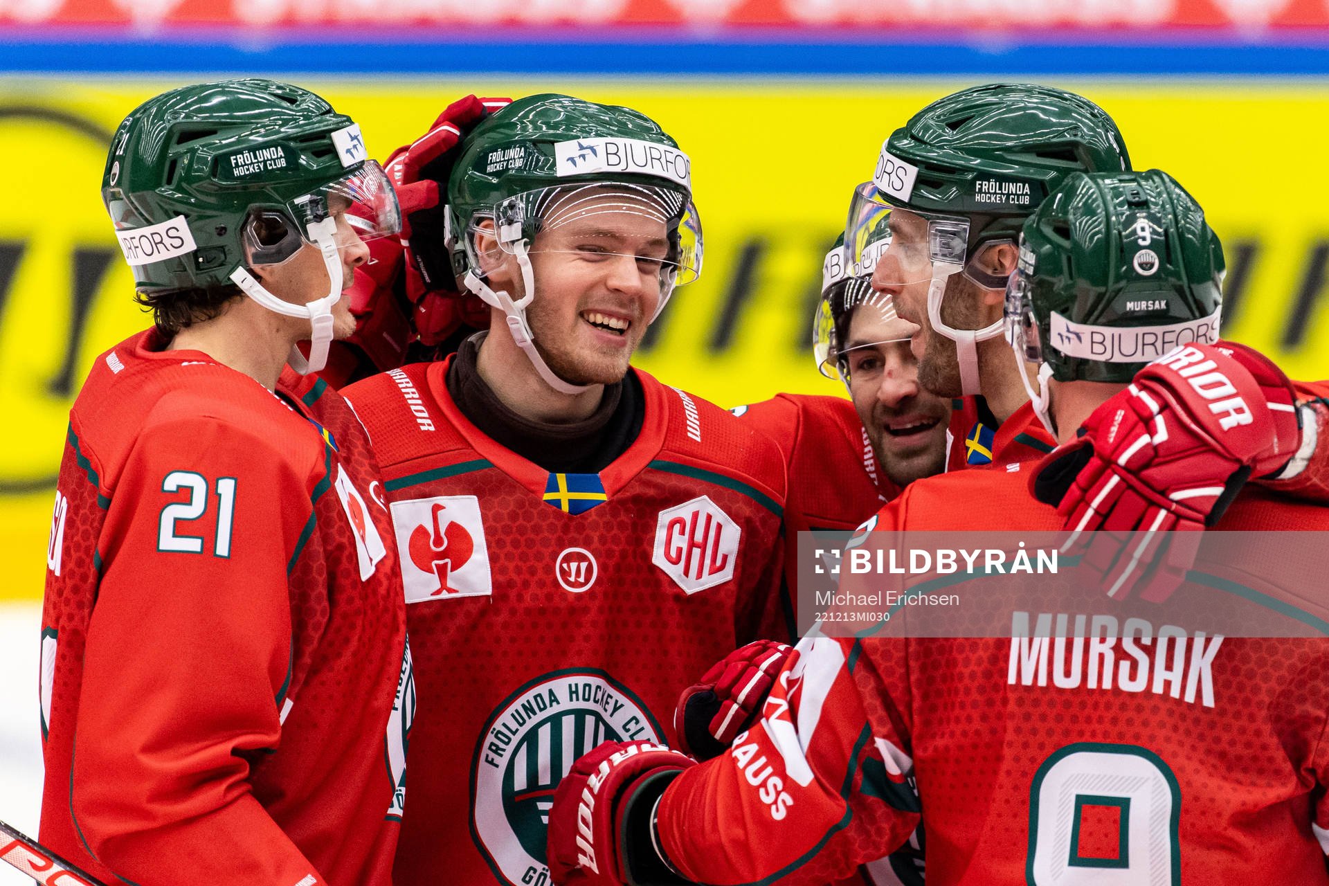 Filip Johansson of Frölunda celebrate with teammates