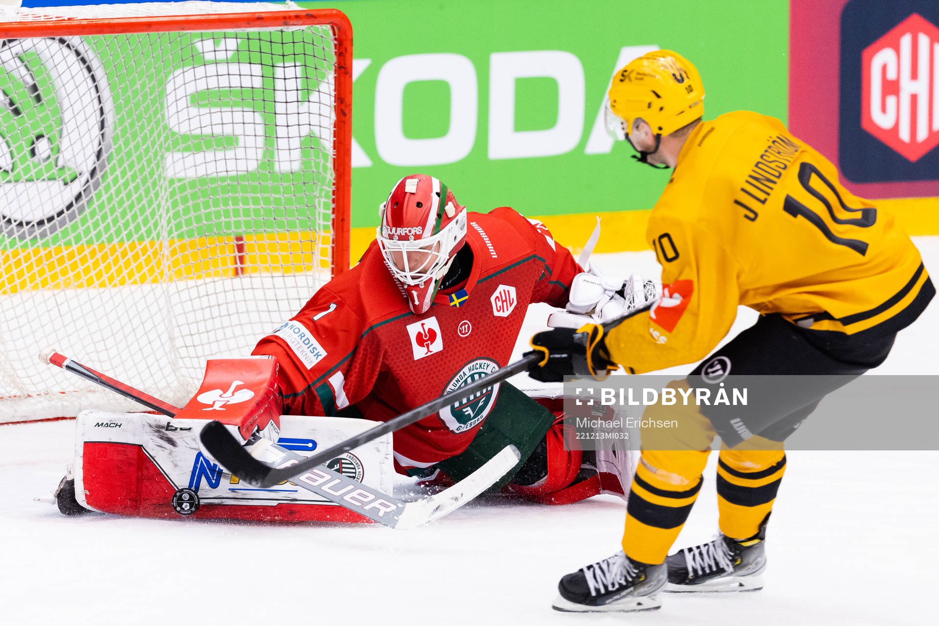 Goalkeeper Lars Johansson of Frölunda saves a penalty shot