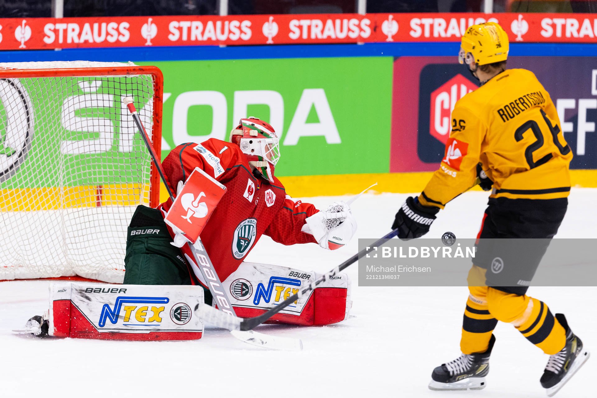Goalkeeper Lars Johansson of Frölunda saves a penalty shot