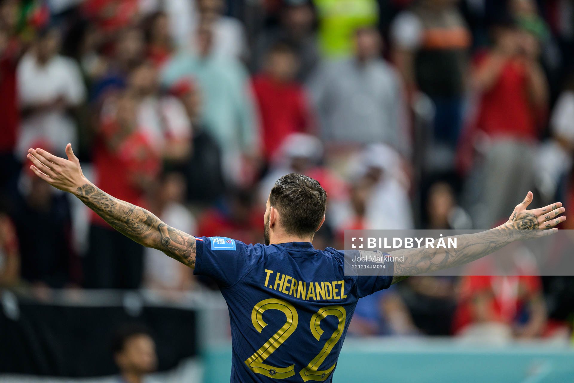 Theo Hernandez of France celebrates after scoring 1-0 during the FIFA World Cup 2022 semifinal between France and Morocco on December 14, 2022 in Doha.