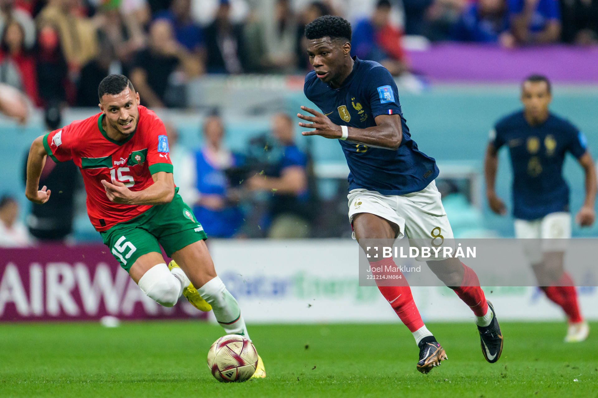 Selim Amallah of Morocco and Aurelien Tchouameni of France during the FIFA World Cup 2022 semifinal between France and Morocco on December 14, 2022 in Doha. 