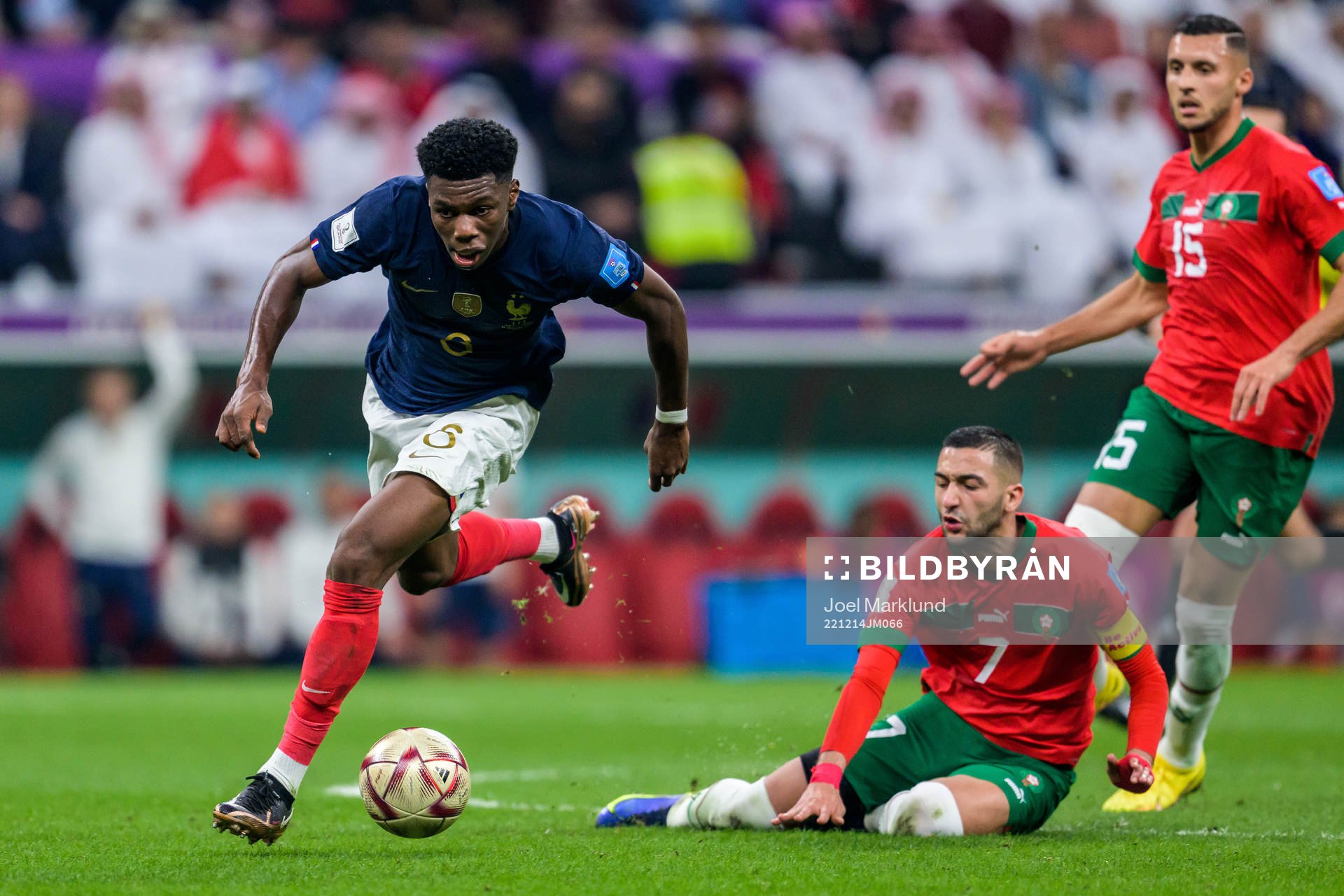 Aurelien Tchouameni of France and Hakim Ziyech of Morocco