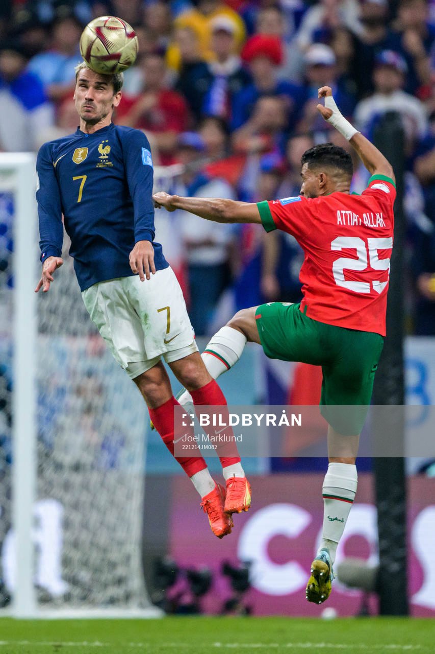 Antoine Griezmann of France and Yahya Attiat-Allah of Morocco during the FIFA World Cup 2022 semifinal between France and Morocco on December 14, 2022 in Doha.