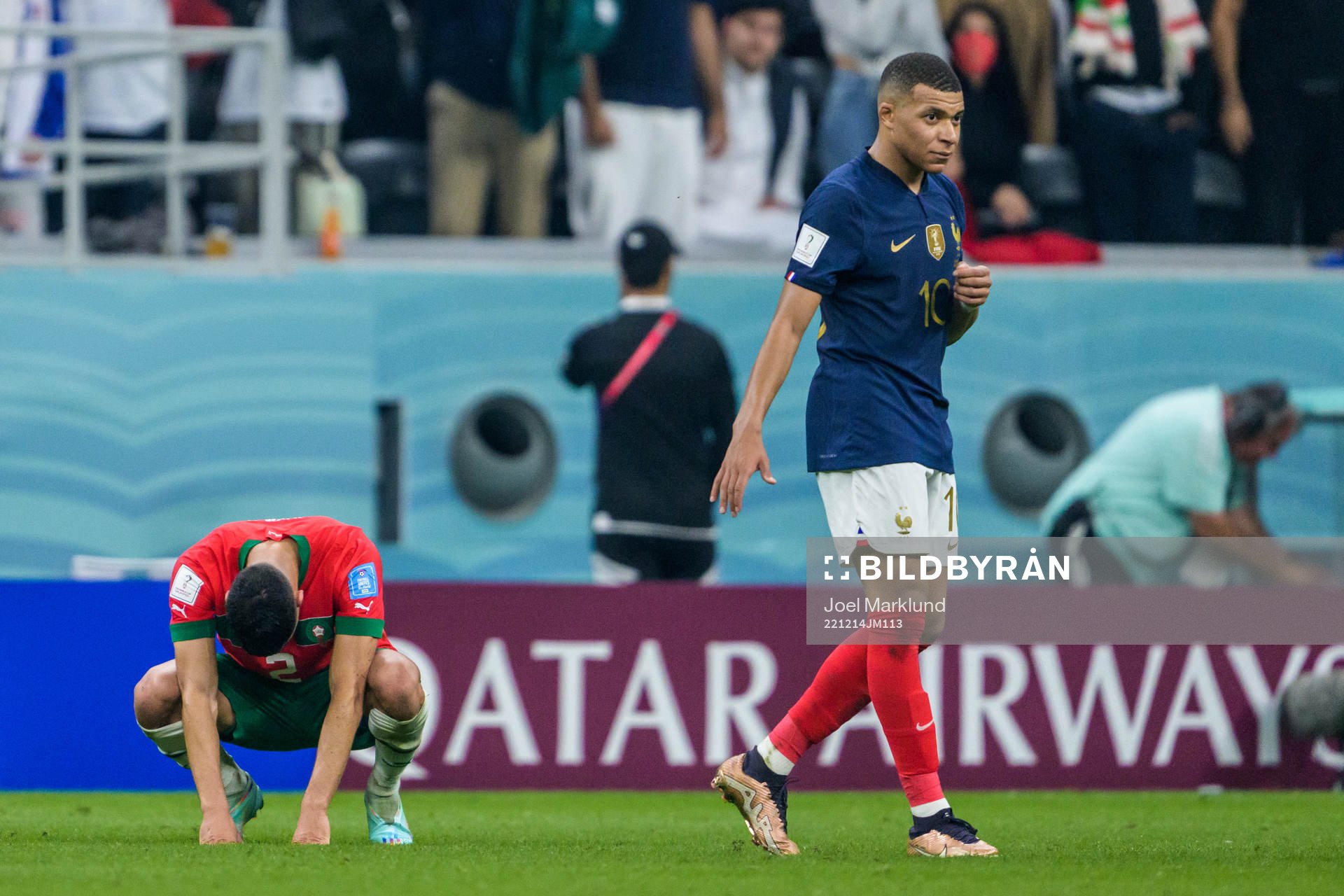 Achraf Hakimi of Morocco and Kylian Mbappe of France the FIFA World Cup 2022 semifinal between France and Morocco on December 14, 2022 in Doha.