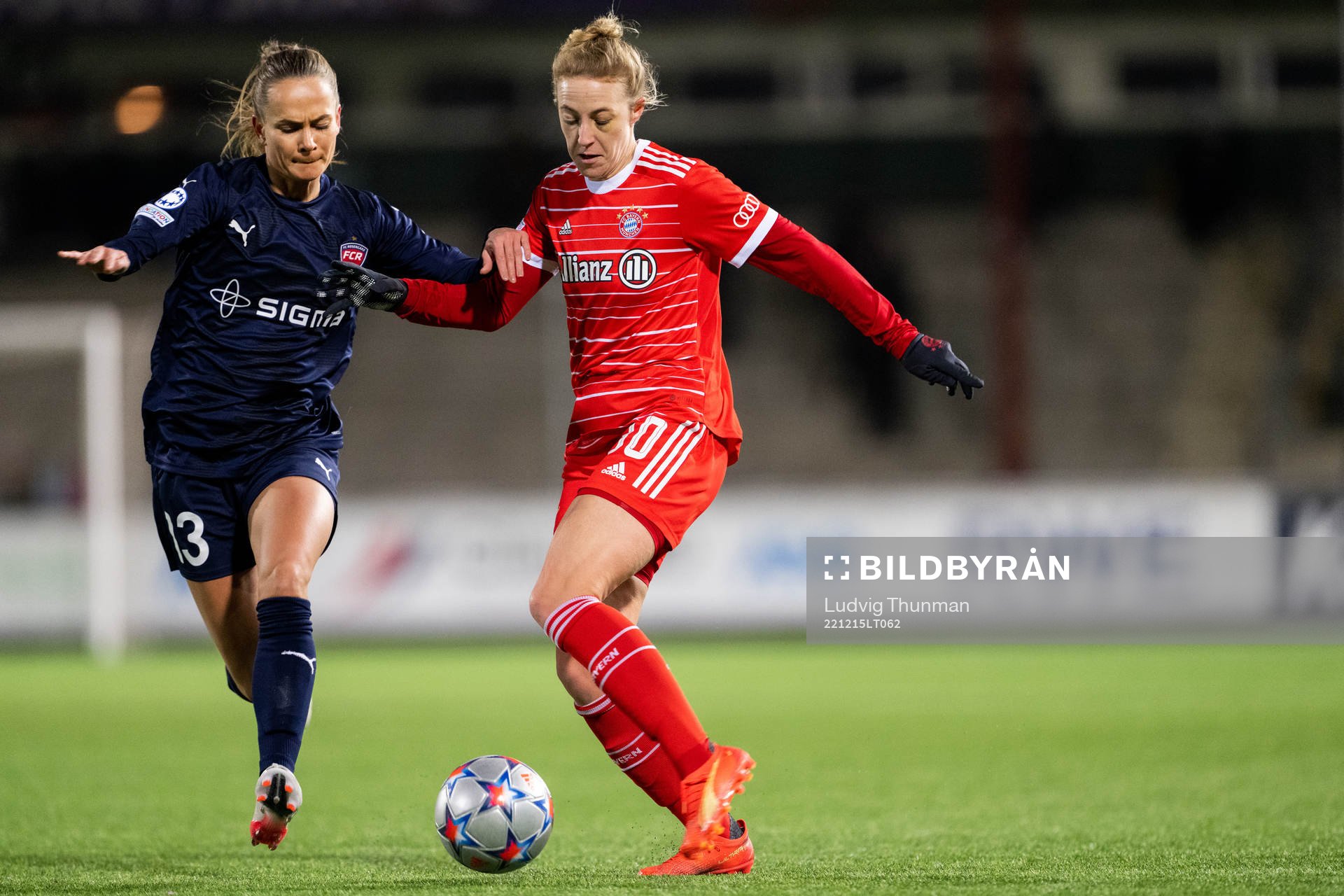 Frederikke Thøgersen of Rosengård and Carolin Simon of Bayern during the UEFA Women's Champions League football match between FC Rosengård and Bayern Muenchen on December 15, 2022 in Malmö.