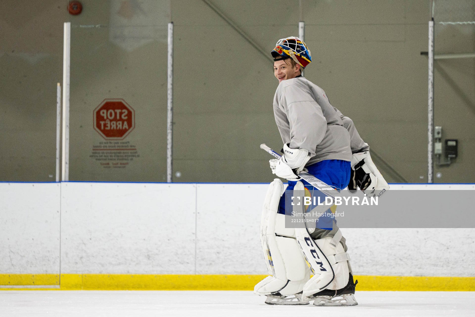 Goaltender Carl Lindbom of Sweden at a Practice session