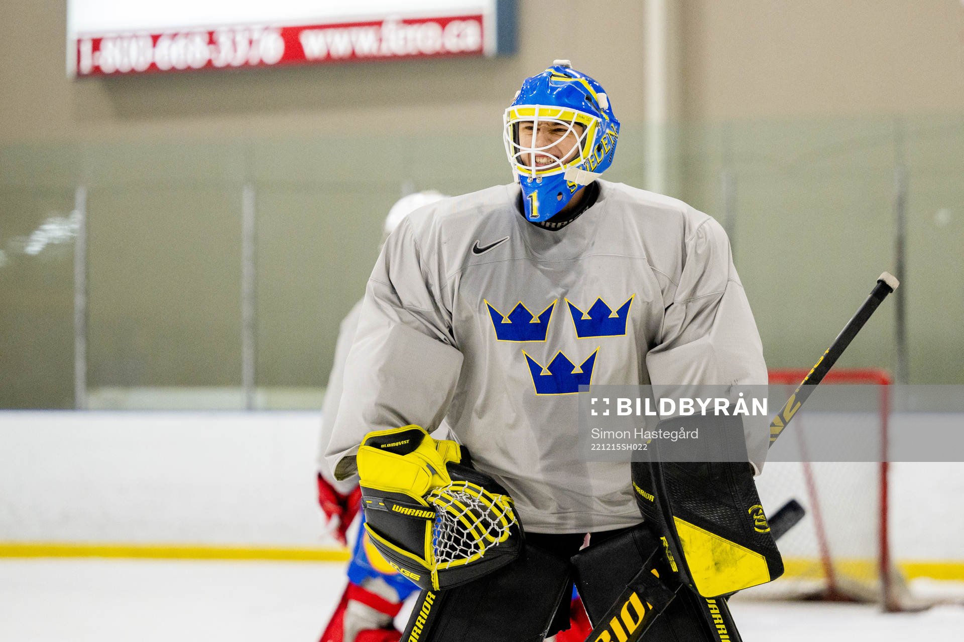 Goaltender Ian Blomquist of Sweden at a Practice session