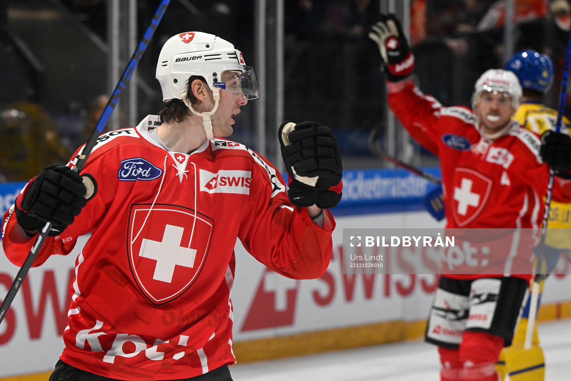 Dean Kukan of Switzerland celebrates