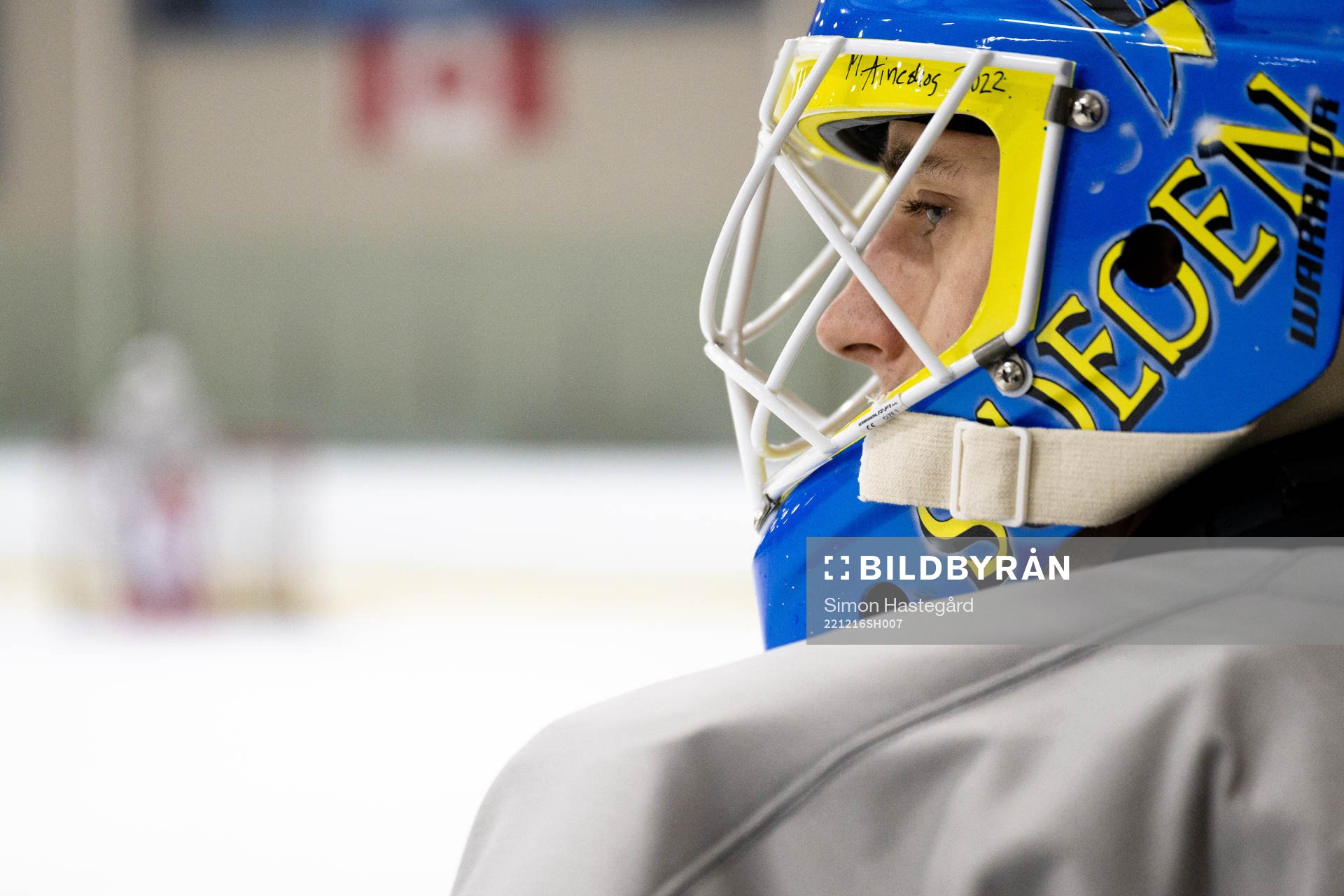Goaltender Ian Blomquist of Sweden at a Practice session