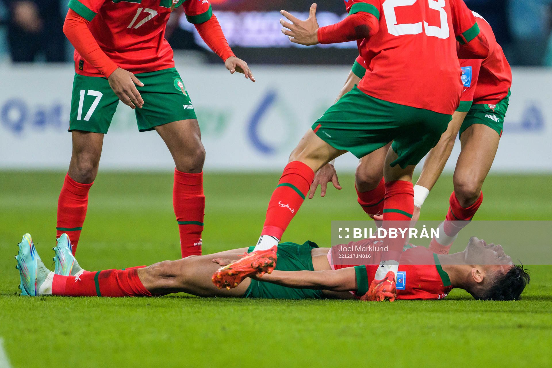 Achraf Dari of Morocco celebrate with teammates after scoring 1-1 during the FIFA World Cup 2022 bronze medal match between Croatia and Morocco on December 17, 2022 in Doha.