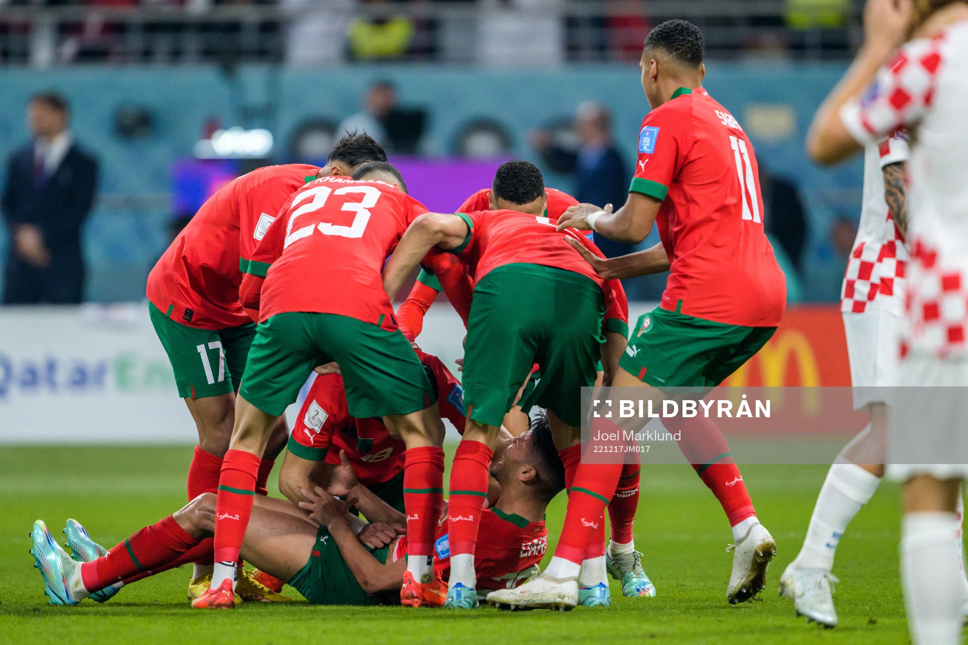 Achraf Dari of Morocco celebrate with teammates