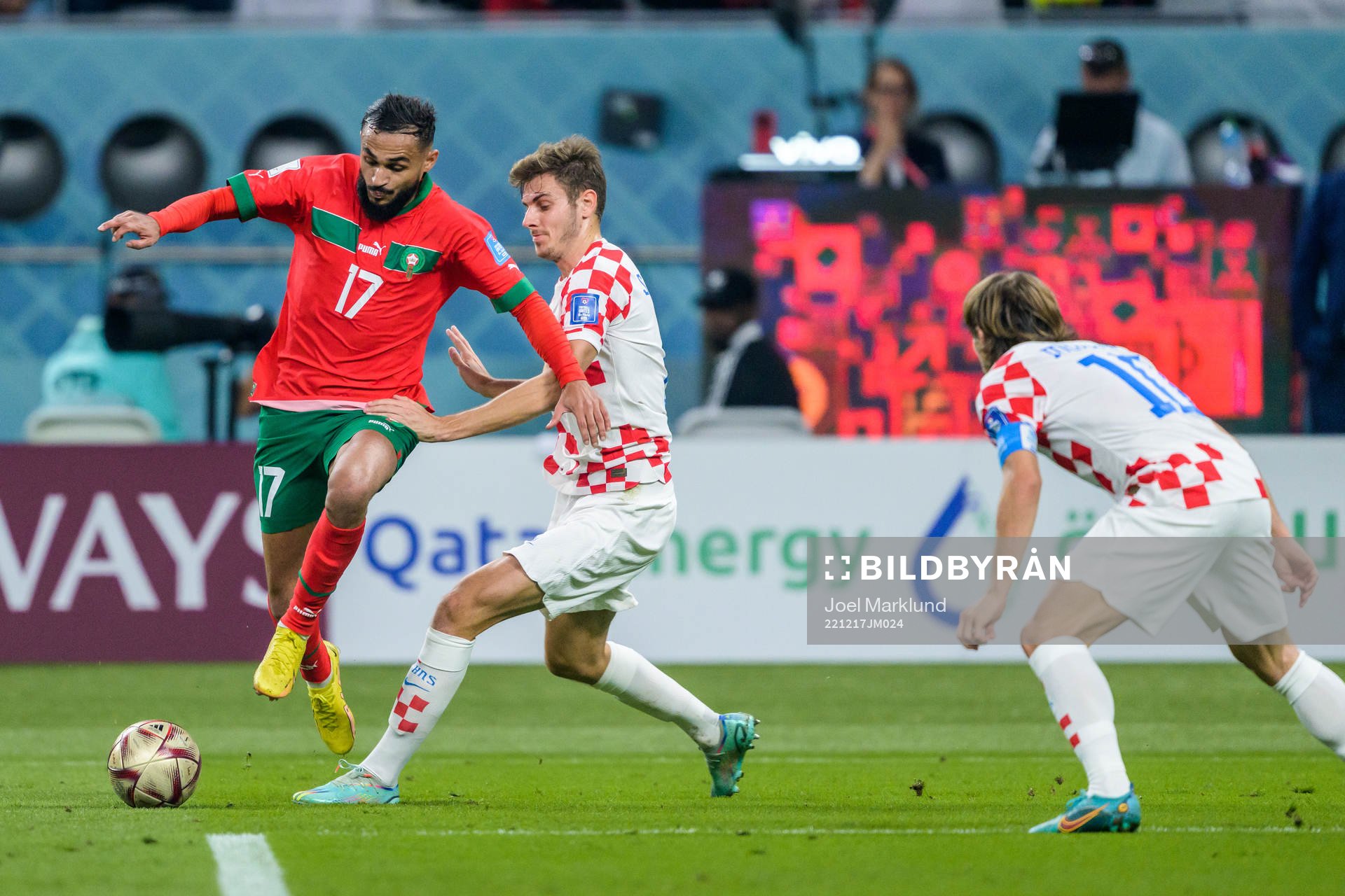 Sofiane Boufal of Morocco and Josip Stanisic of Croatia during the FIFA World Cup 2022 bronze medal match between Croatia and Morocco on December 17, 2022 in Doha.