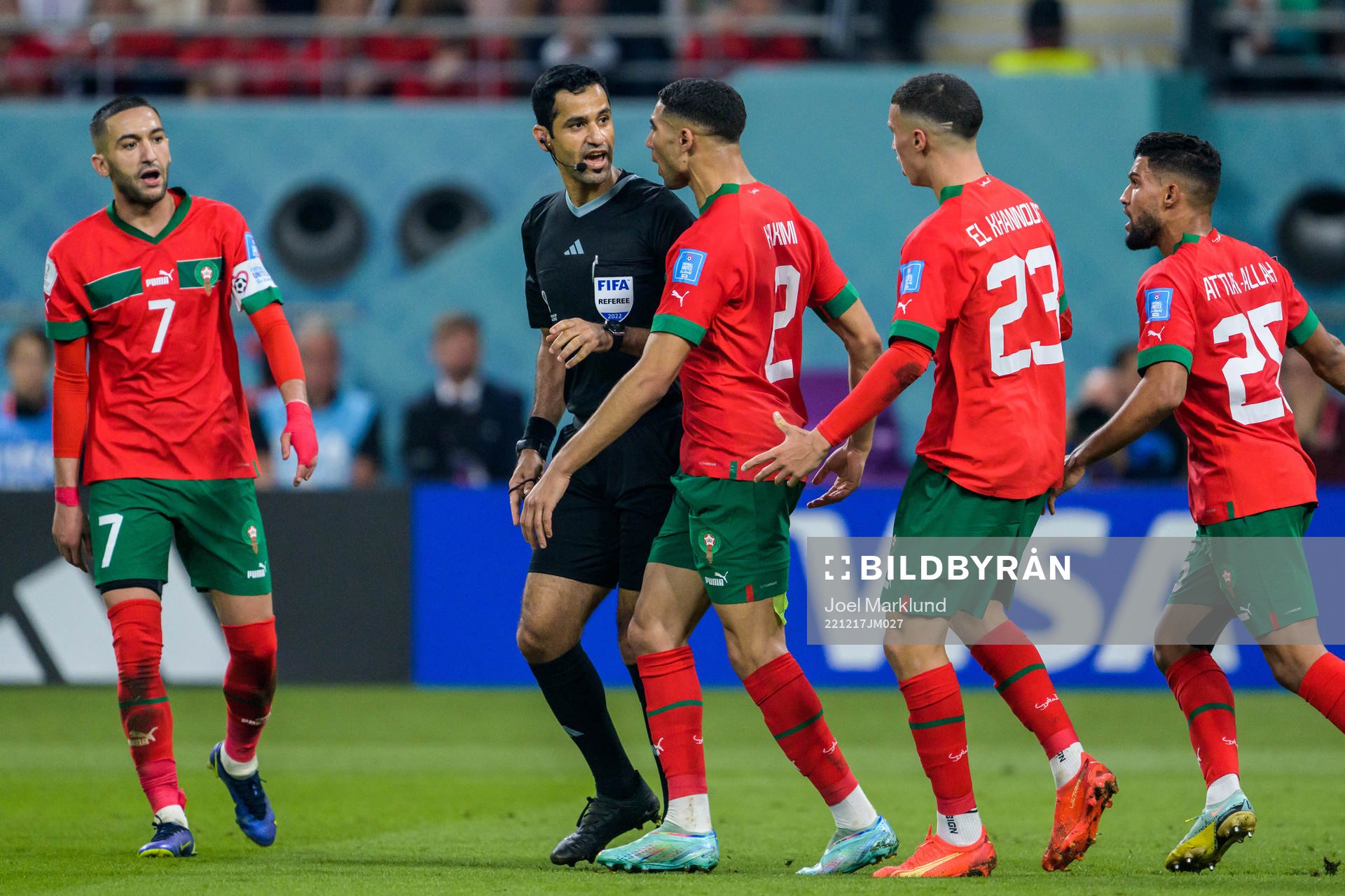 Referee Abdulrahman Al Jassim in a discussion with Achraf Hakimi, Bilal El Khannouss and Yahya Attiat-Allah of Morocco during the FIFA World Cup 2022 bronze medal match between Croatia and Morocco on December 17, 2022 in Doha.