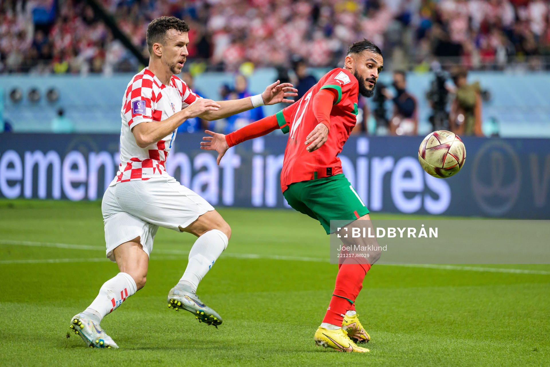 Ivan Perisic of Croatia against Sofiane Boufal of Morocco during the FIFA World Cup 2022 bronze medal match between Croatia and Morocco on December 17, 2022 in Doha.