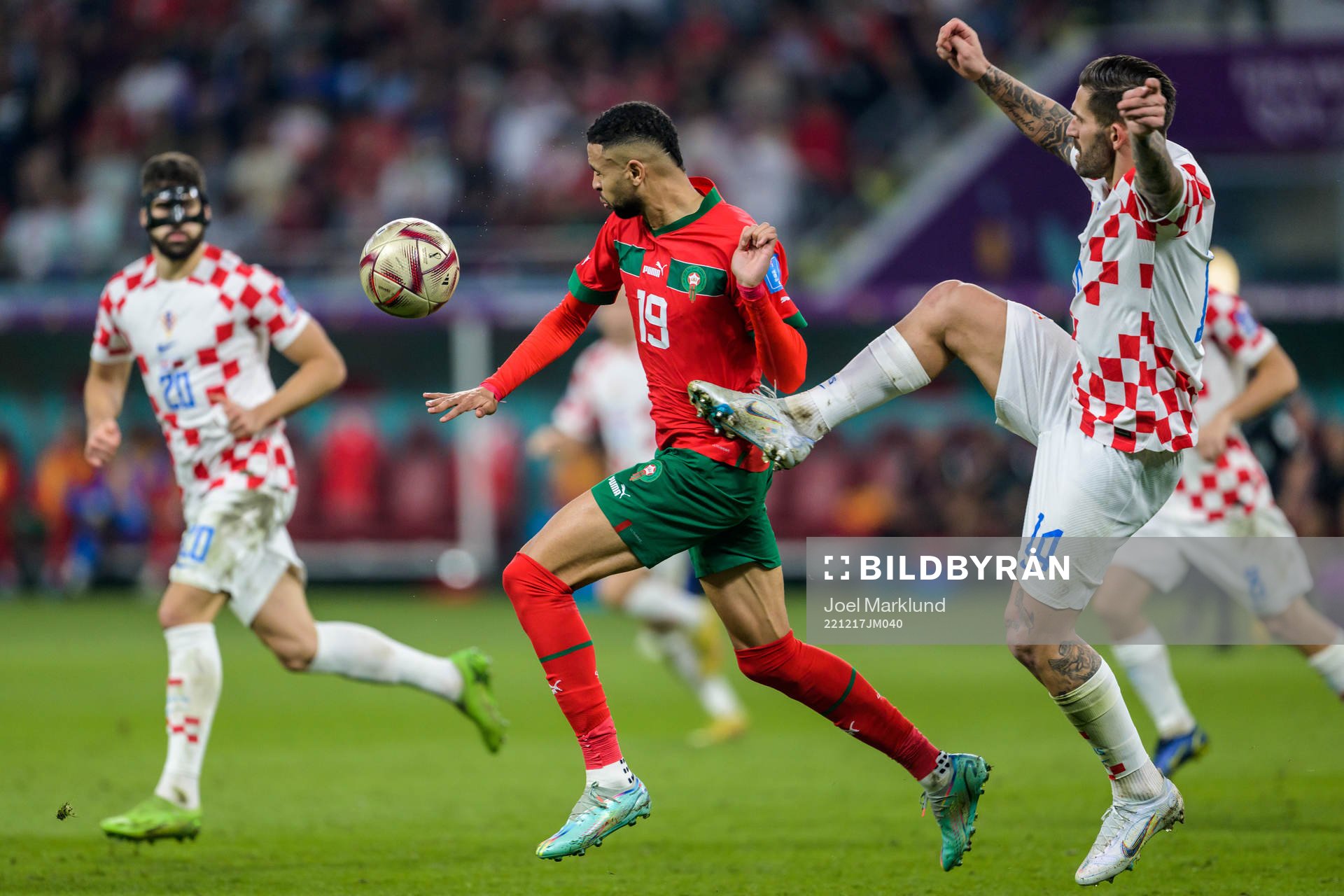 Youssef En-Nesyri of Morocco and Marko Livaja of Croatia during the FIFA World Cup 2022 bronze medal match between Croatia and Morocco on December 17, 2022 in Doha.