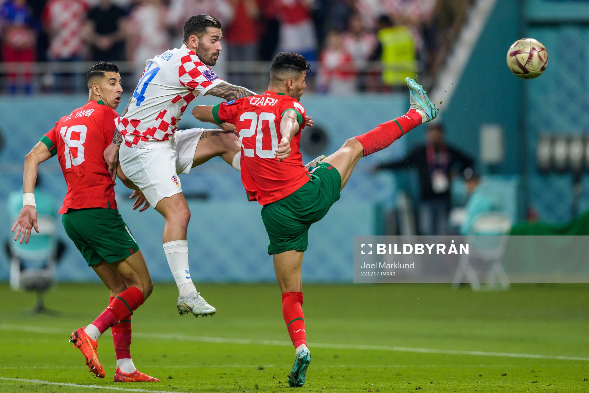 Jawad El Yamiq and Achraf Dari of Morocco against Marko