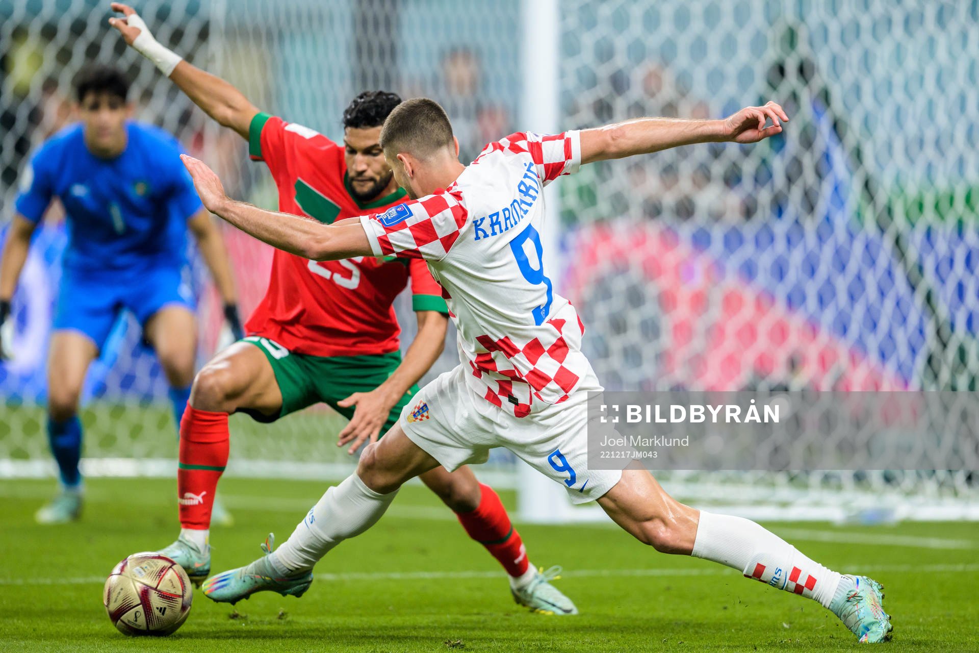 Yahya Attiat-Allah of Morocco and Andrej Kramaric of Croatia during the FIFA World Cup 2022 bronze medal match between Croatia and Morocco on December 17, 2022 in Doha.