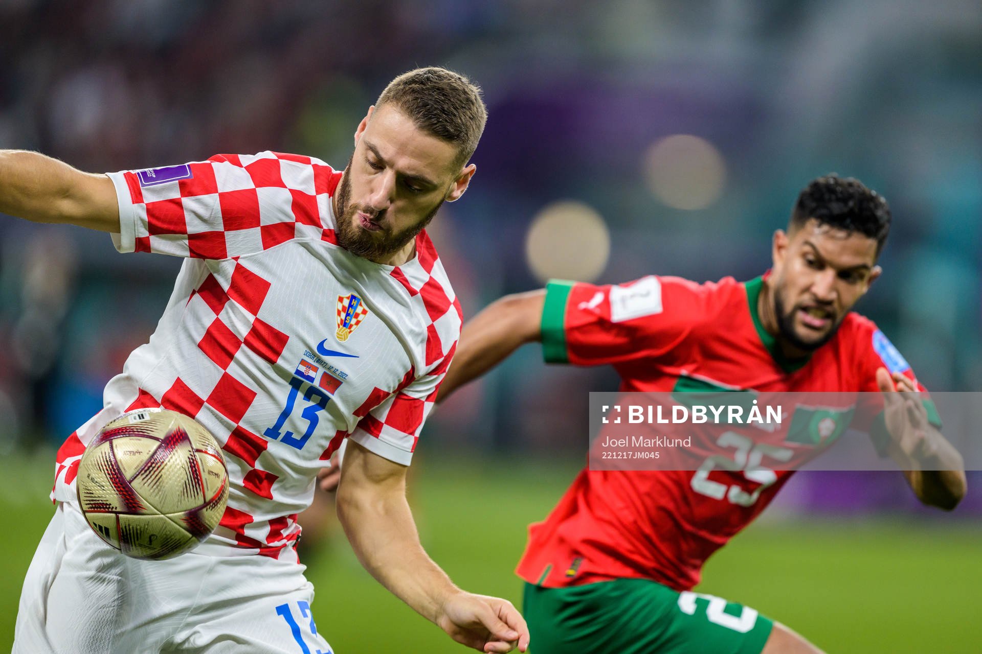 Nikola Vlasic of Croatia and Yahya Attiat-Allah of Morocco during the FIFA World Cup 2022 bronze medal match between Croatia and Morocco on December 17, 2022 in Doha.