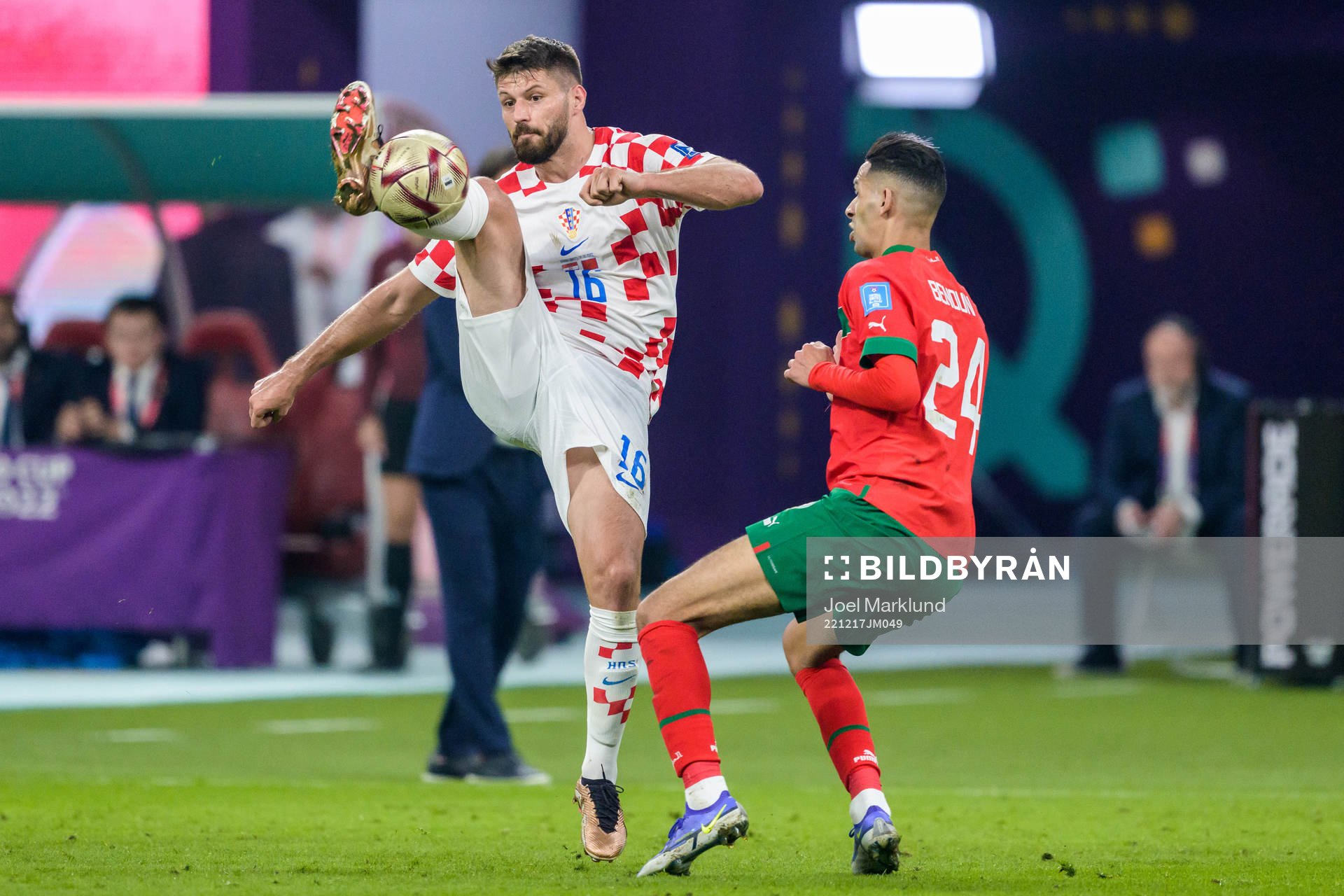 Bruno Petkovic of Croatia and Badr Benoun of Morocco during the FIFA World Cup 2022 bronze medal match between Croatia and Morocco on December 17, 2022 in Doha. 