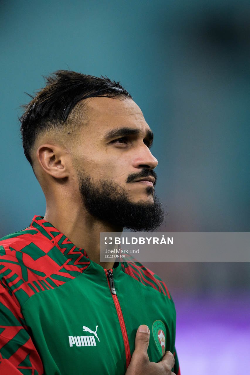Sofiane Boufal of Morocco ahead of the FIFA World Cup 2022 bronze medal match between Croatia and Morocco on December 17, 2022 in Doha.