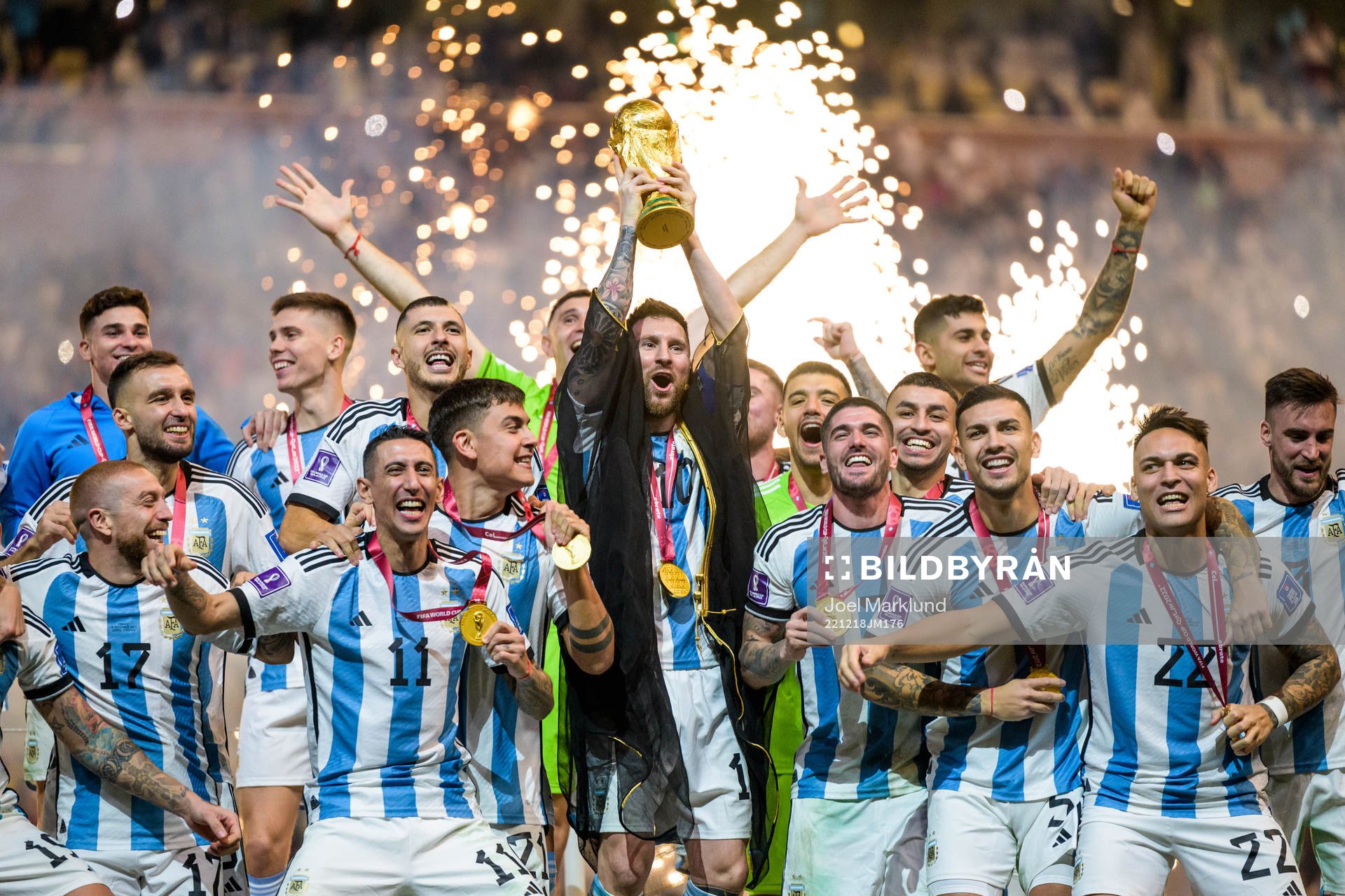 Lionel Messi of Argentina lifts the FIFA World Cup Trophy after the FIFA World Cup 2022 final between Argentina and France on December 18, 2022 in Doha.