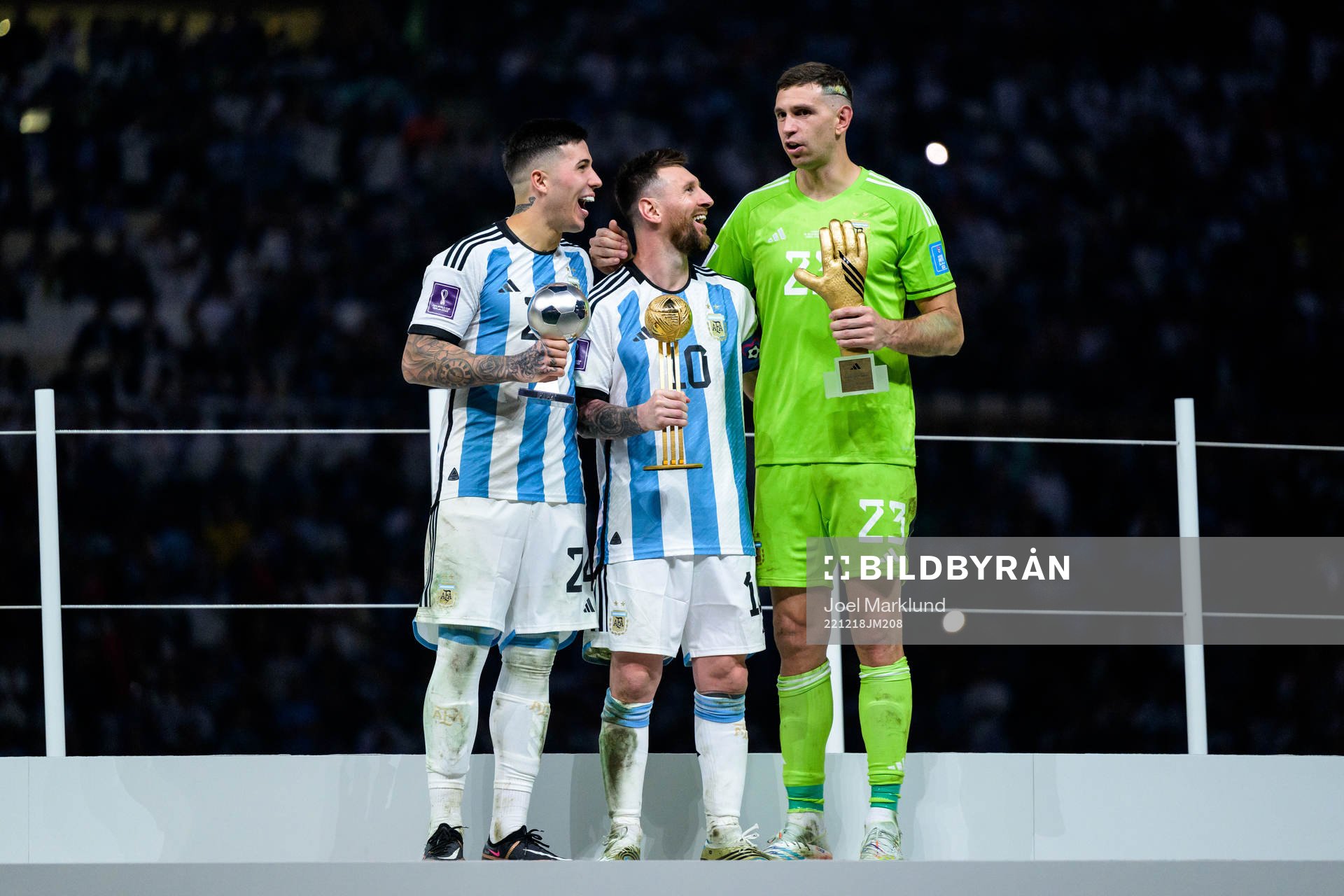 Enzo Fernandez, Lionel Messi and goalkeeper Emiliano