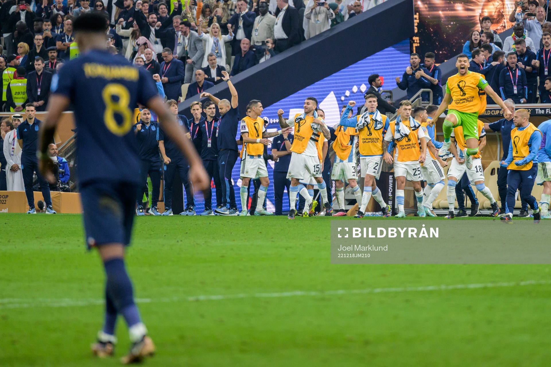 Players of Argentina celebrate as Aurelien Tchouameni of