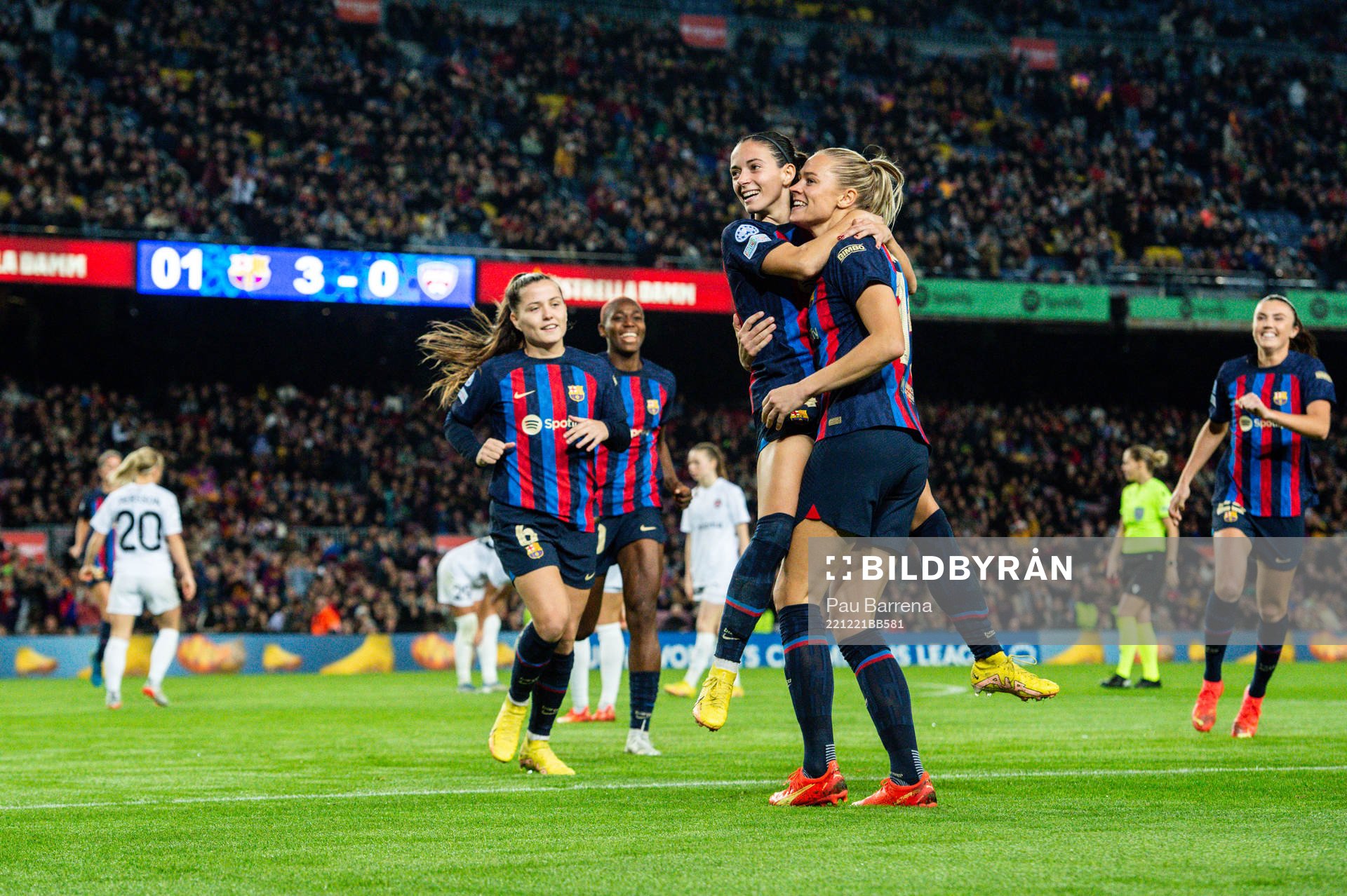 Fridolina Rolfö of Barcelona celebrates with Aitana Bonmati after 4-0during the UEFA Women's Champions League football match between Barcelona and FC Rosengård on December 21, 2022 in Barcelona.