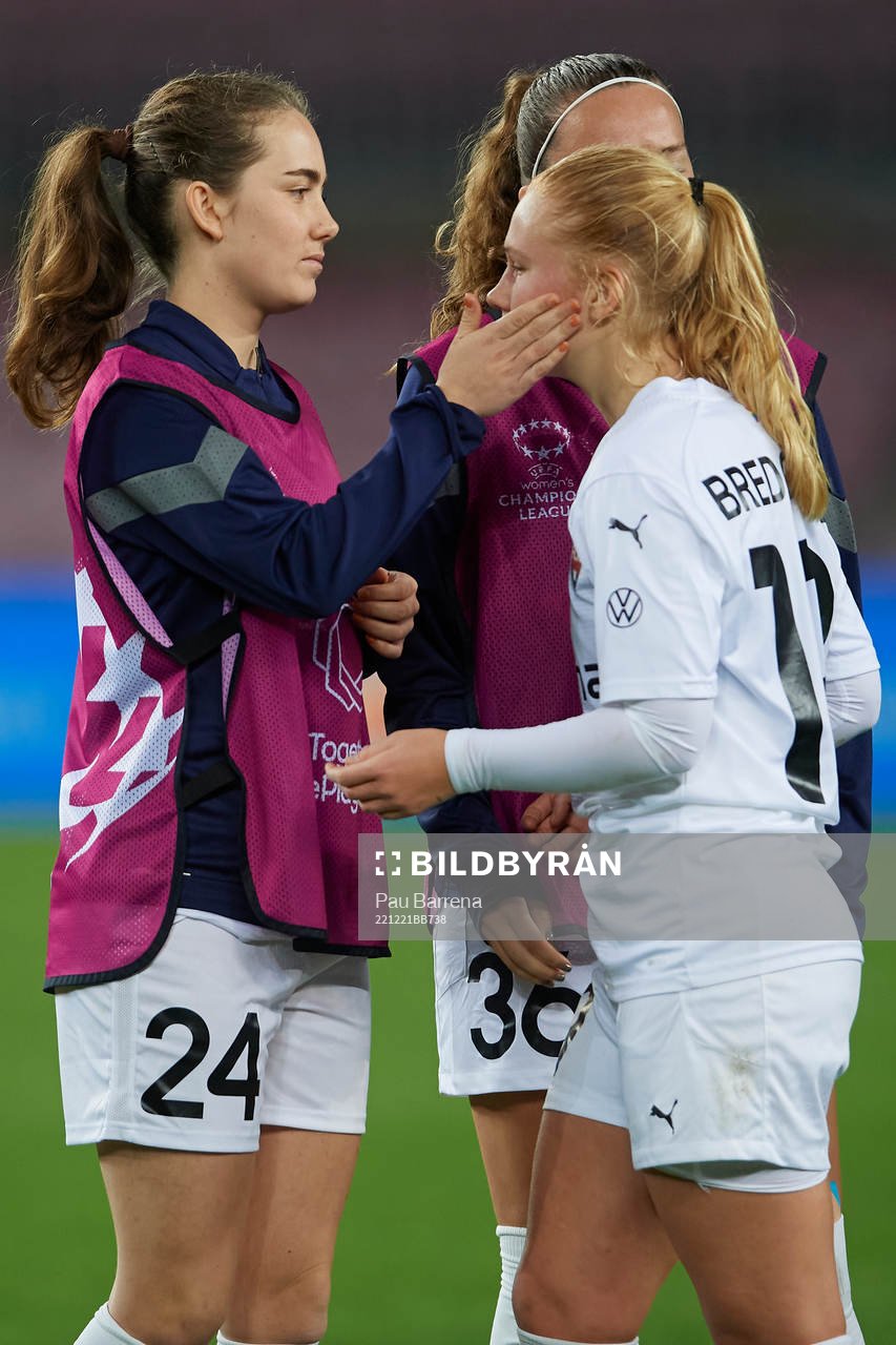 Matilda Eriksson Kristell and Sofie Bruun Bredgaard of FC Rosengård after the UEFA Women's Champions League football match between Barcelona and FC Rosengård on December 21, 2022 in Barcelona.