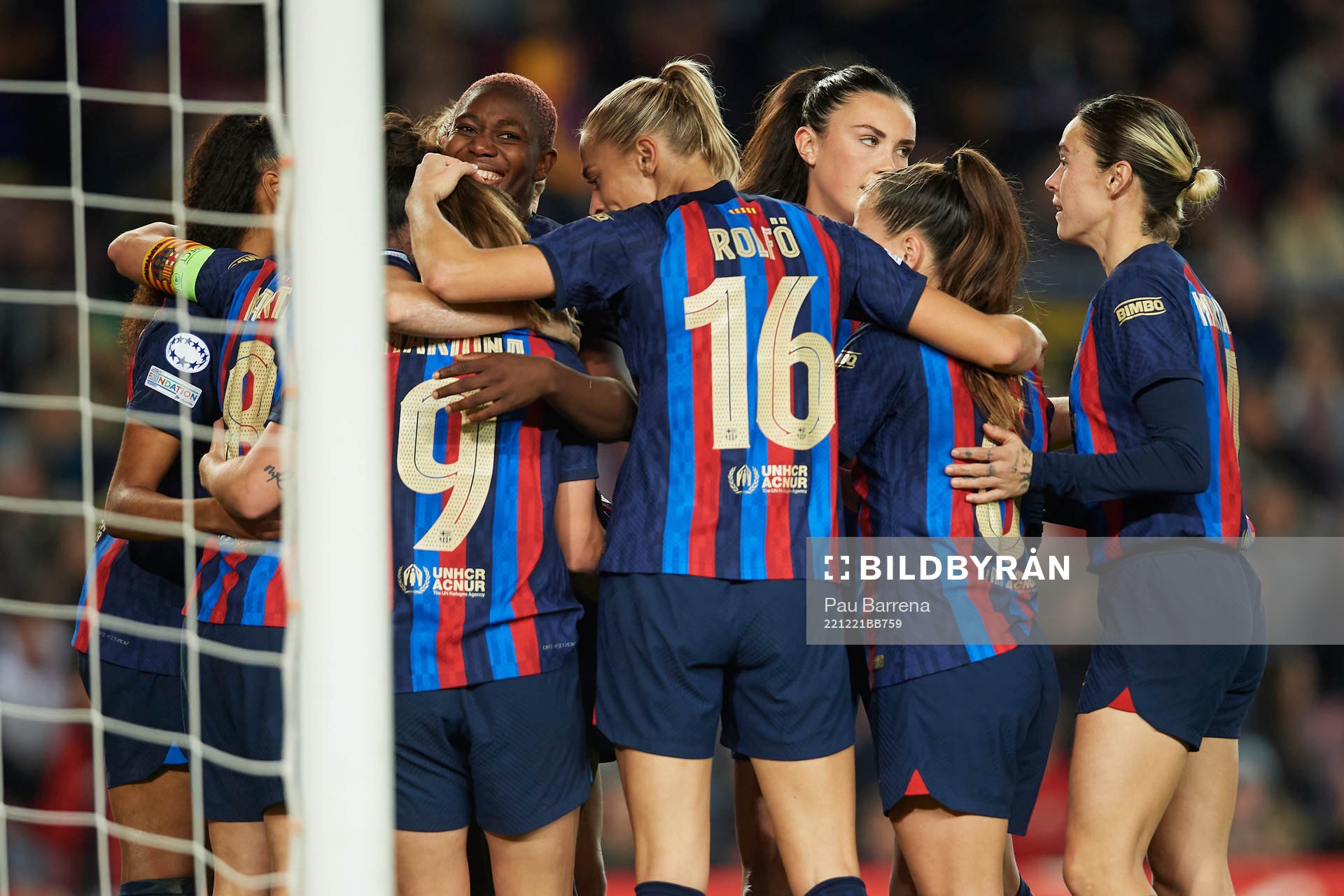 Marta Torrejon of FC Barcelona celebrates with teammates
