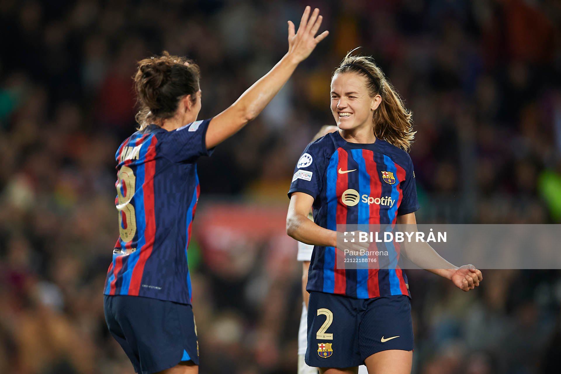 Irene Paredes of FC Barcelona celebrates with Marta Torrejon after 6-0 during the UEFA Women's Champions League football match between Barcelona and FC Rosengård on December 21, 2022 in Barcelona.
