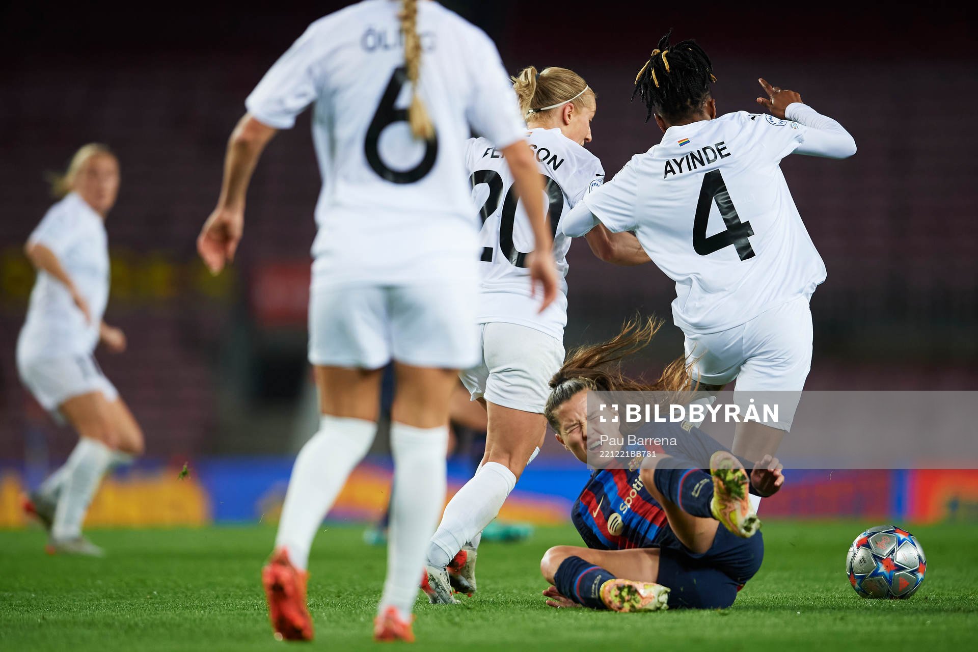 Claudia Pina of FC Barcelona and Mia Persson and Halimatu