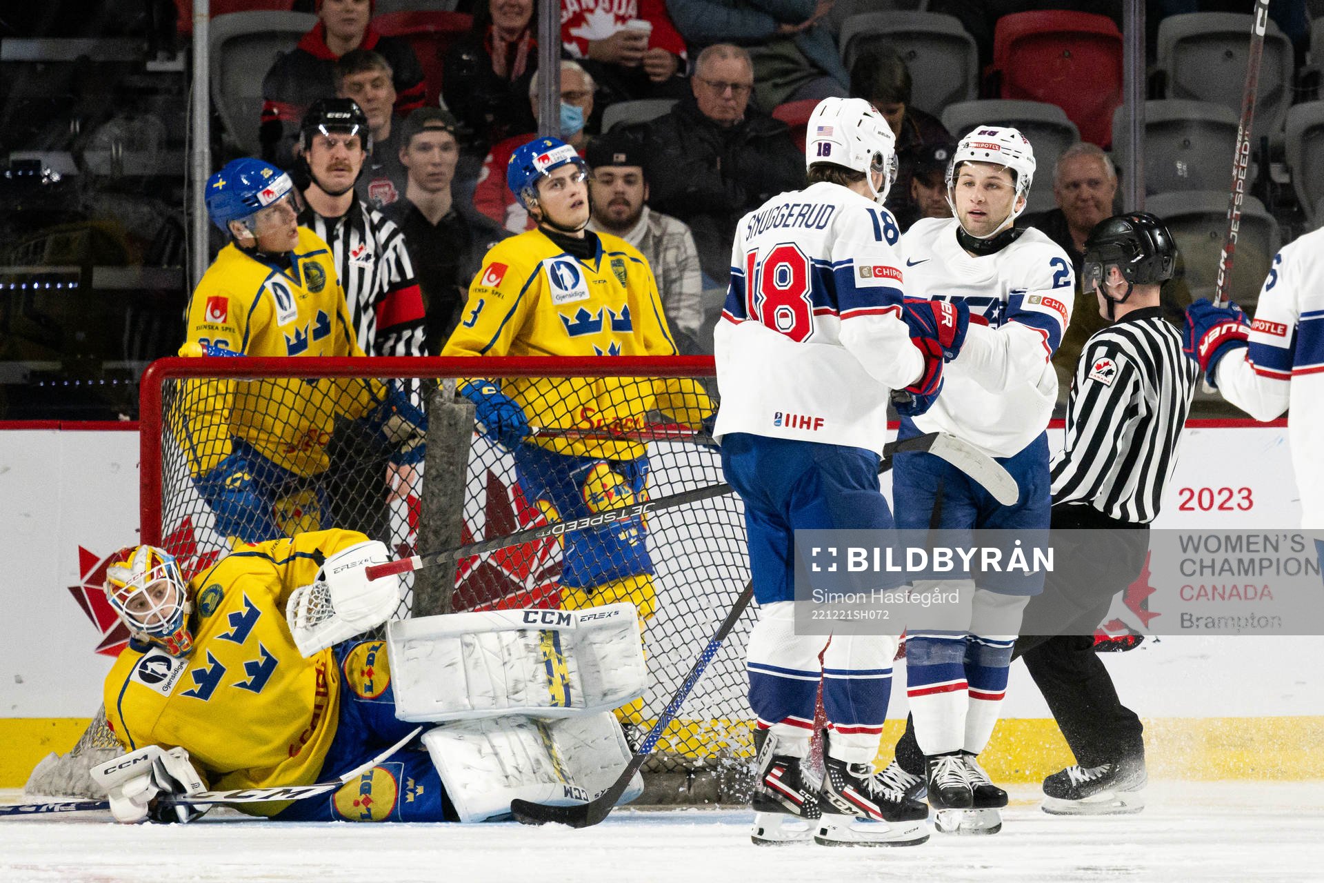 Dylan Duke of USA celebrates the 1-5 goal behind goaltender