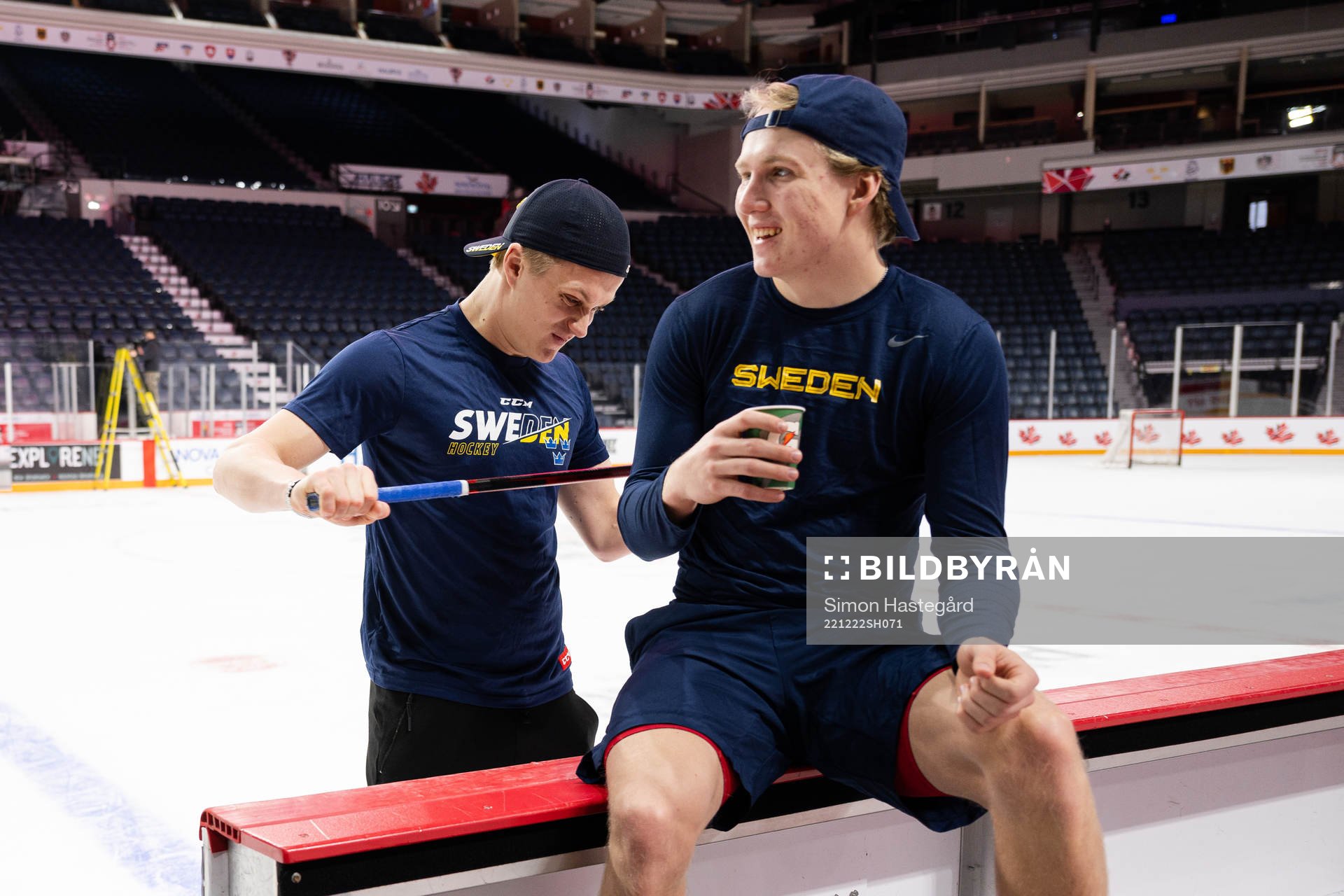 Elias Pettersson and goaltender Marcus Brännman of Sweden