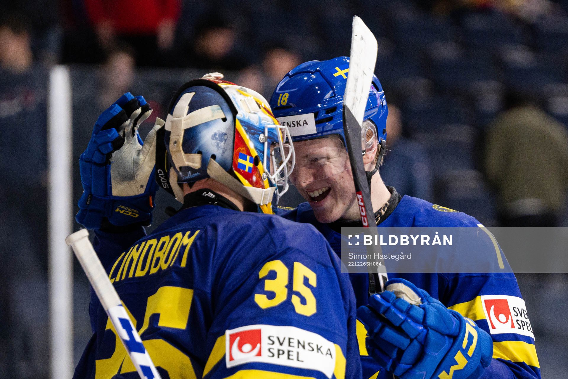 Goaltender Carl Lindbom and Filip Bystedt of Sweden
