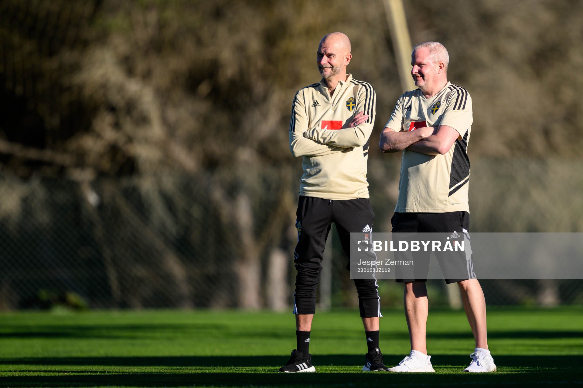 equipment managers Björn Eriksson and Tommie Nilsson of the Swedish national football team at a training session on January 3, 2023 in Algarve.