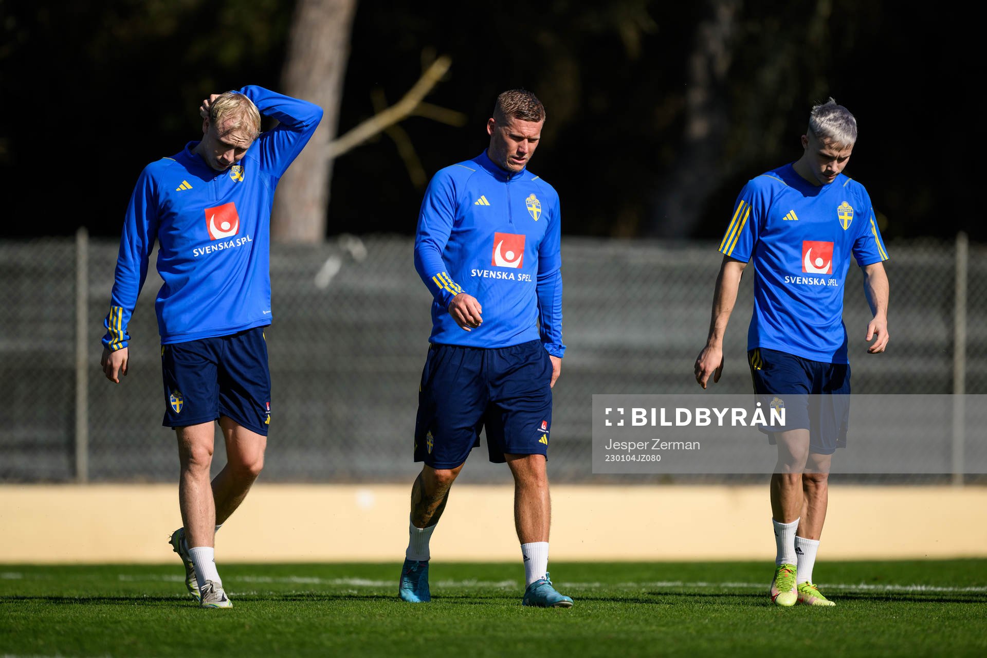 André Boman, Victor Edvardsen and Jacob Ondrejka of the Swedish men's football national team at a training session during the national team on January 4, 2023 in Almacil.