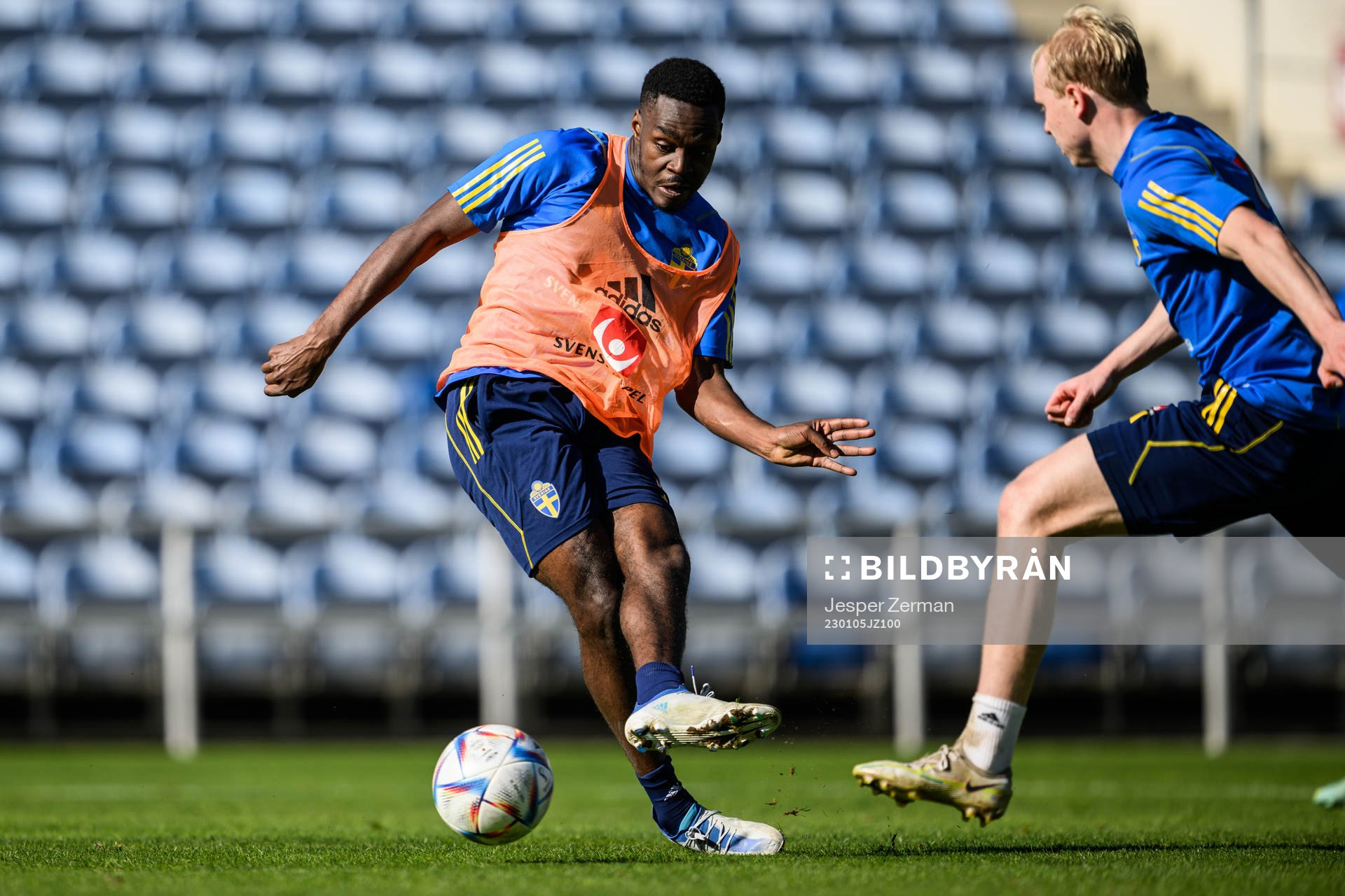 Joel Asoro and André Boman of the Swedish men's football