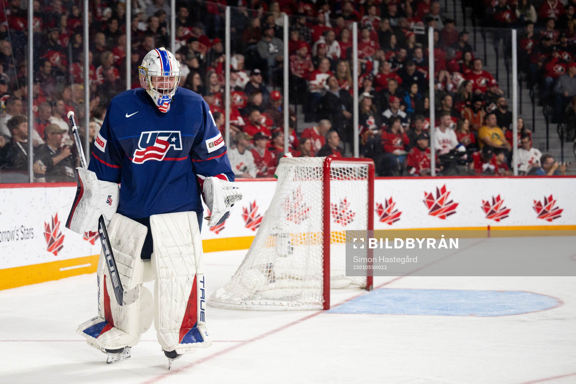 Goaltender Trey Augustine of USA celebrates the 2-0 goal