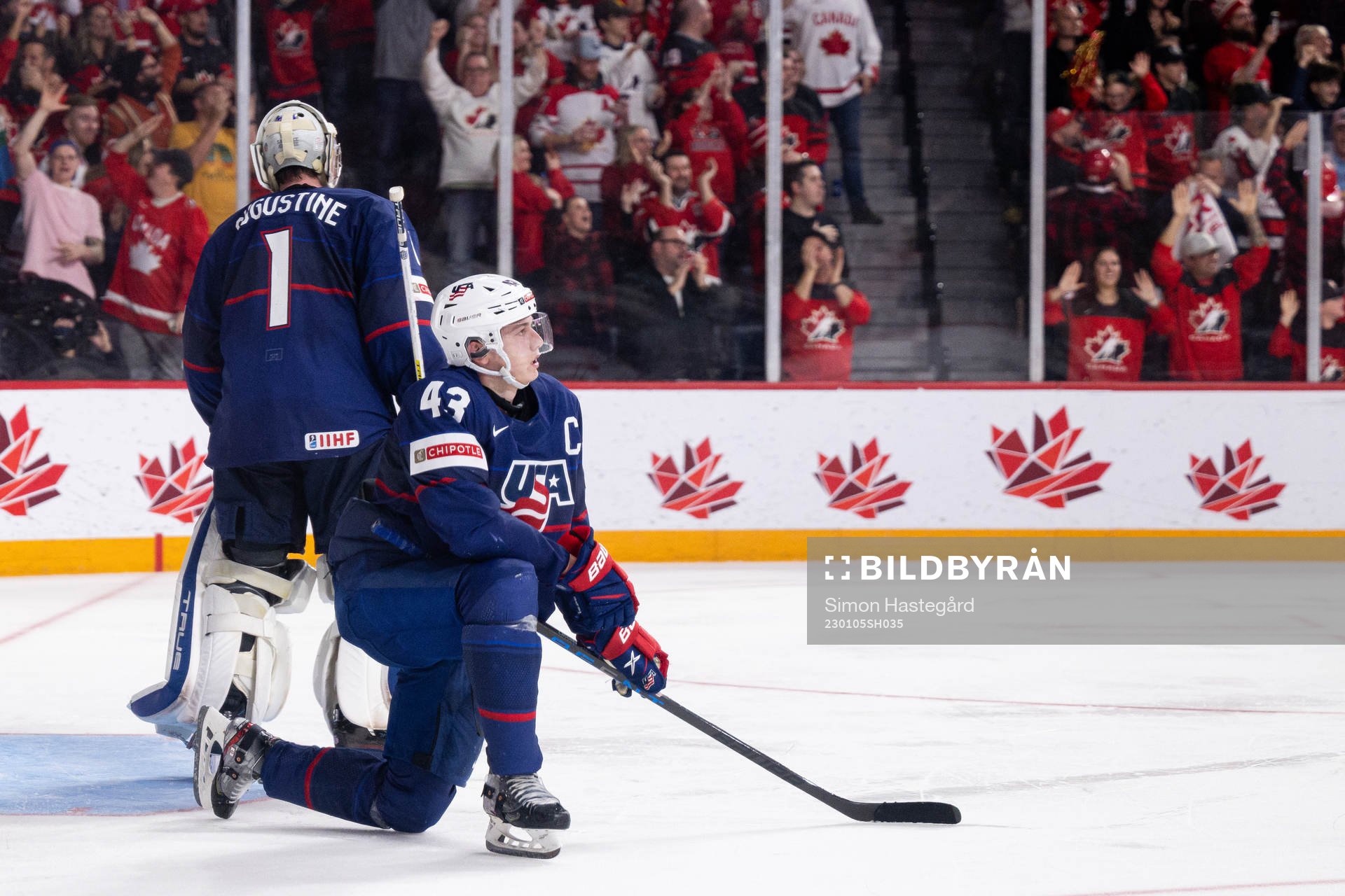 Luke Hughes and goaltender Trey Augustine  of USA look