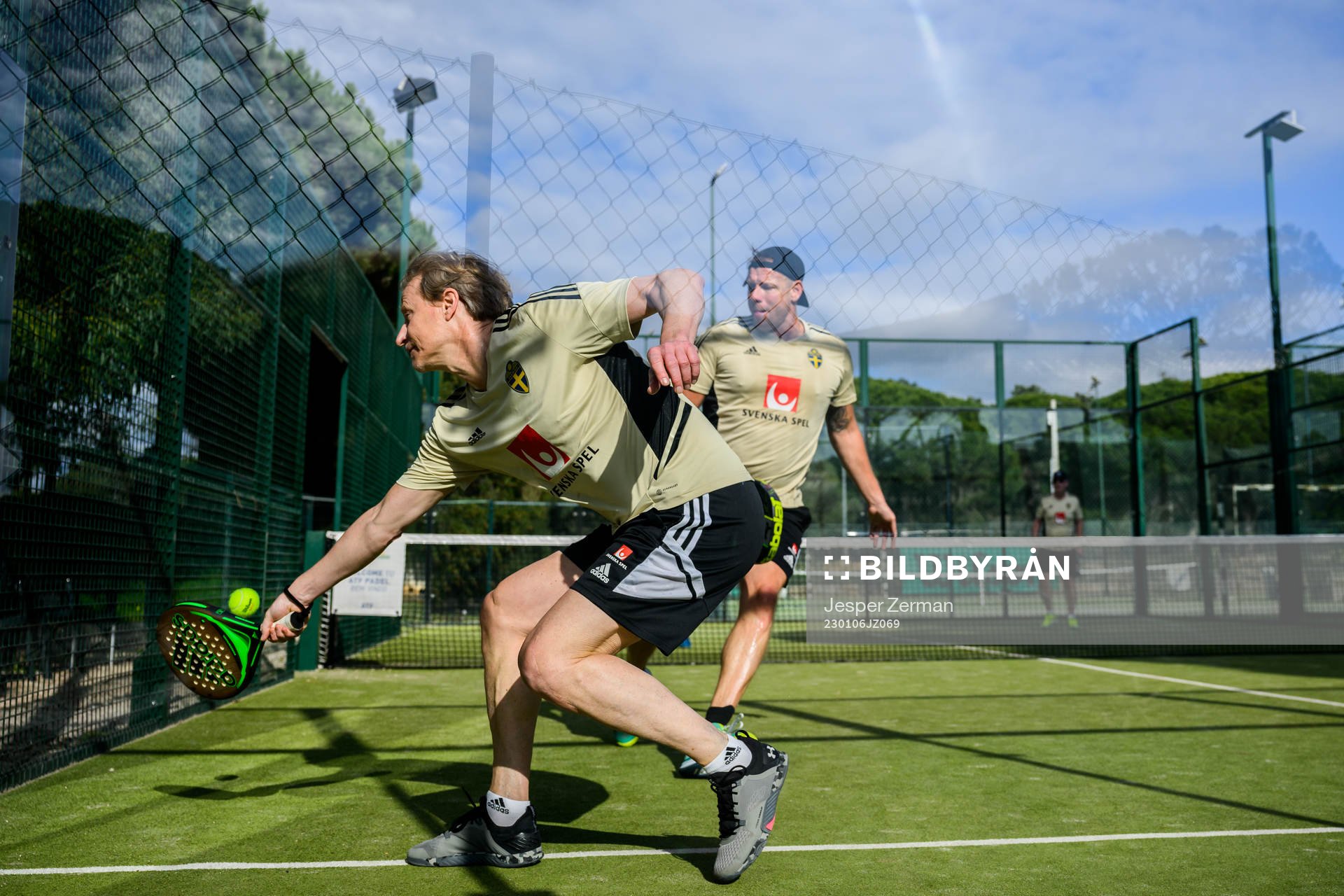 team manager Stefan Pettersson and head of security Stefan Dejemyr of the Swedish men's football national team playing padel during a day off on January 6, 2023 in Almancil.