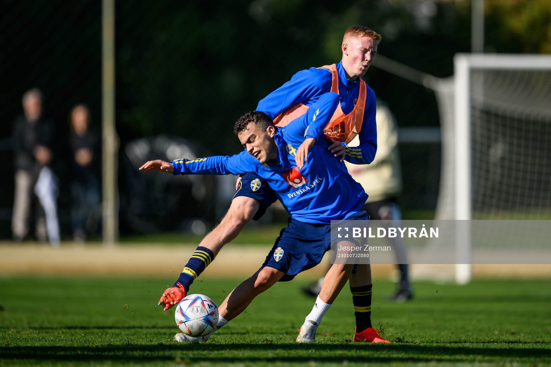 Yasin Ayari and Hugo Larsson of the Swedish men's football