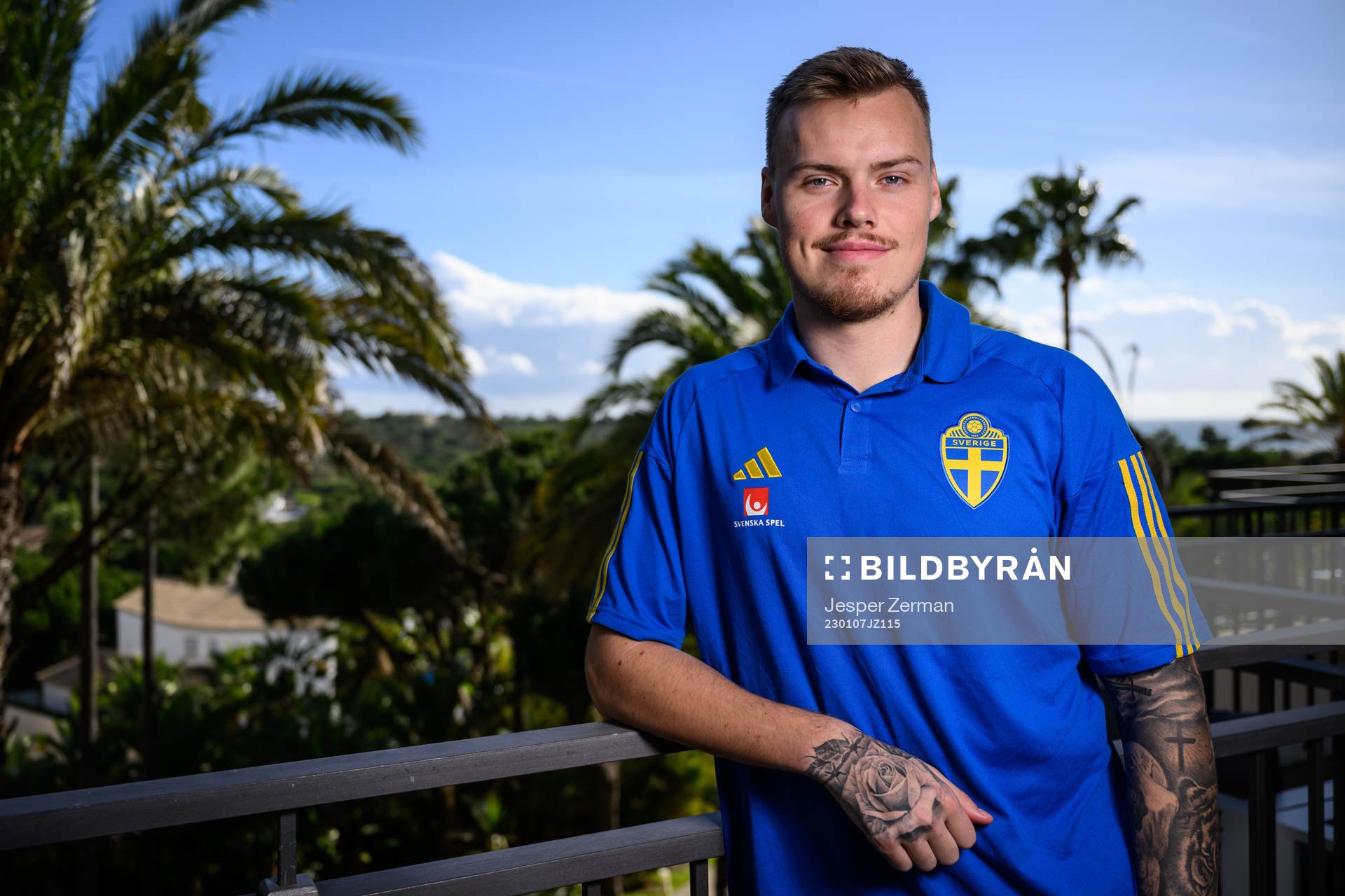Victor Eriksson of the Swedish men's football national poses for a portrait at a press event on January 7, 2023 in Almancil.