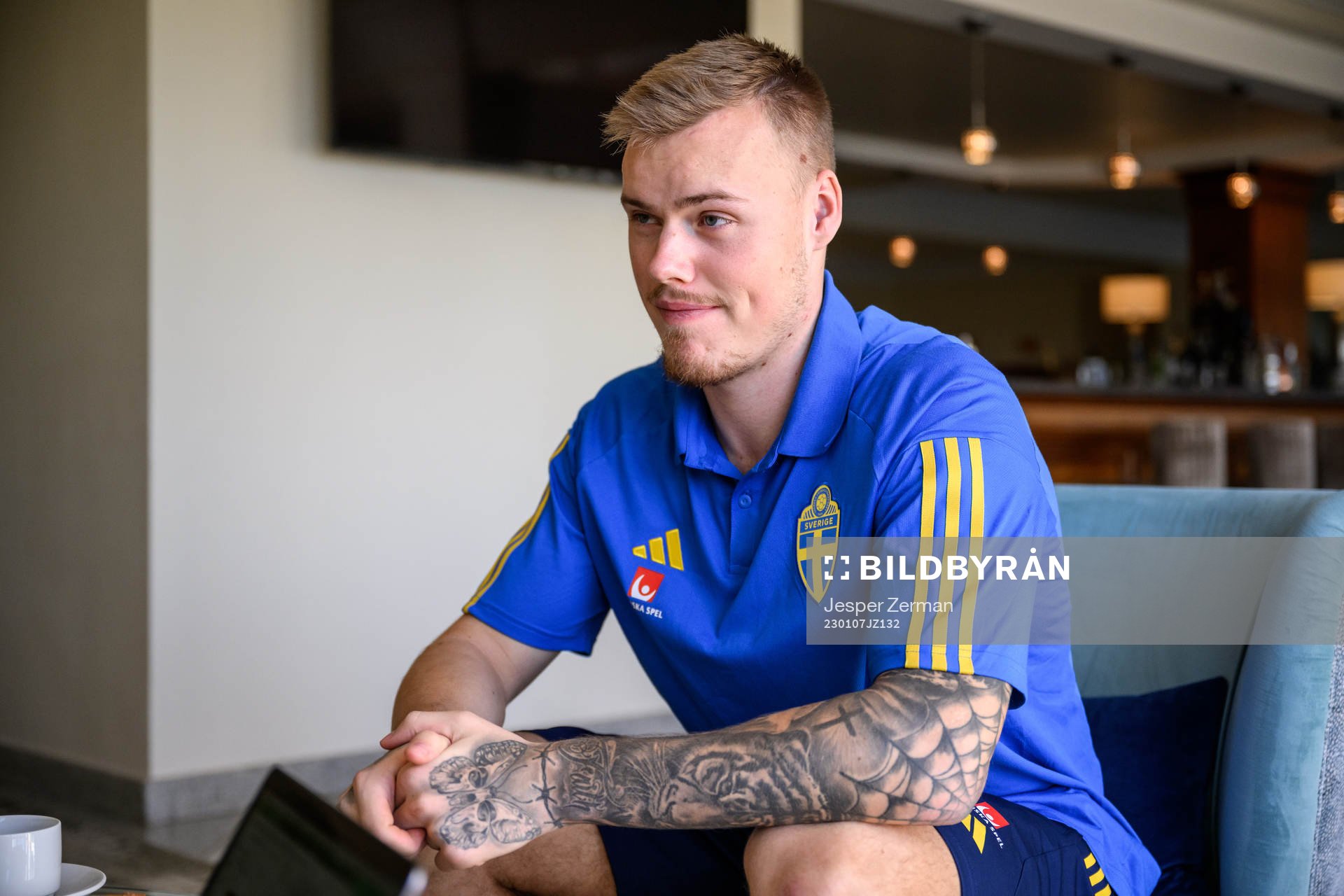 Victor Eriksson of the Swedish men's football national team speaks to media at a press event on January 7, 2023 in Almancil. 