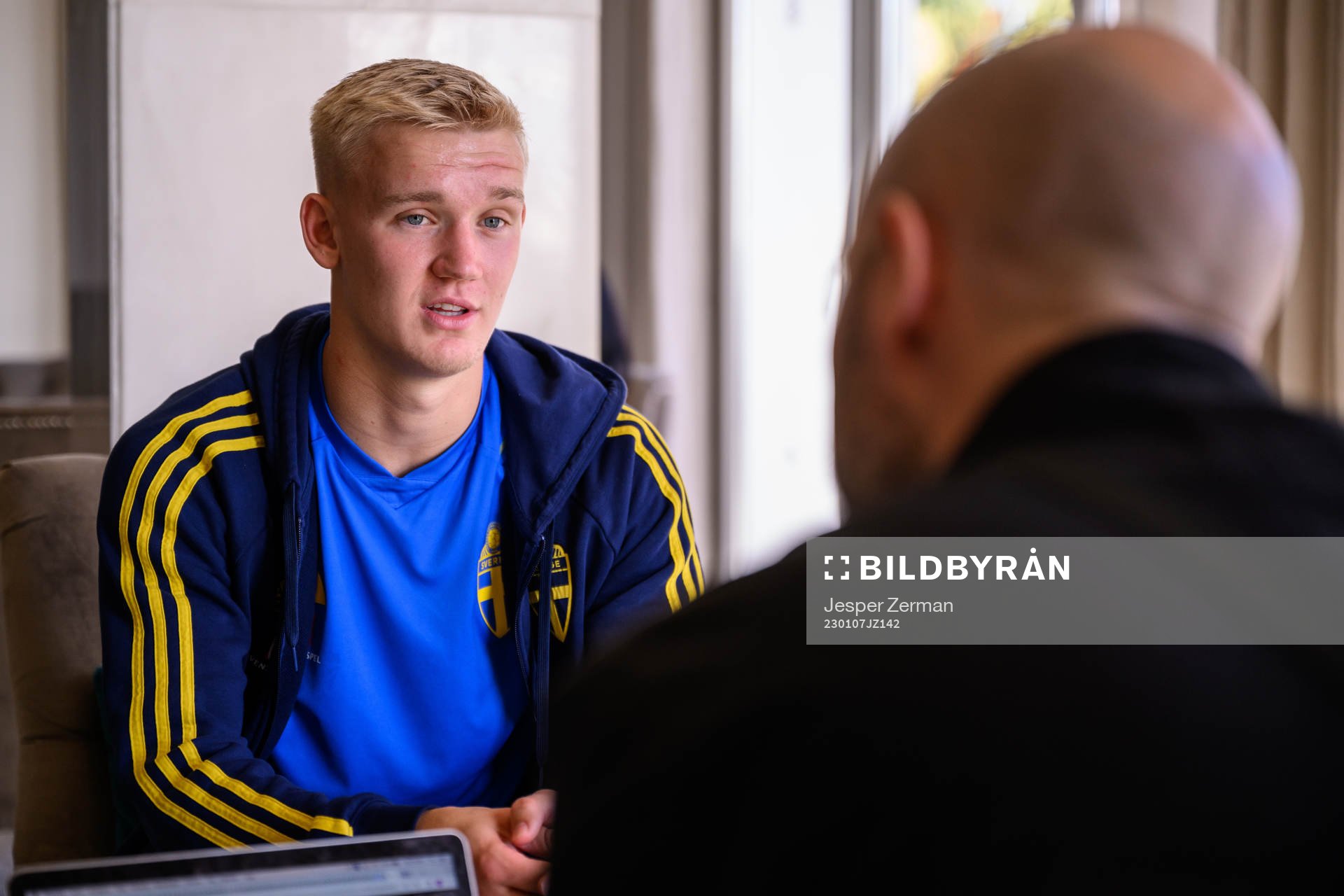 Carl Gustafsson of the Swedish men's football national team speaks to media at a press event on January 7, 2023 in Almancil. 