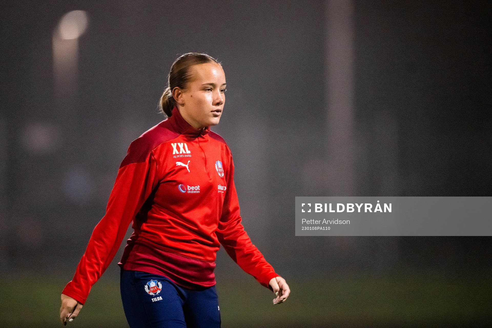 Tilda Pettersson under en gemensam fotbollsträning med Helsingborgs herr och damlag den 8 januari 2023 i Helsingborg. 